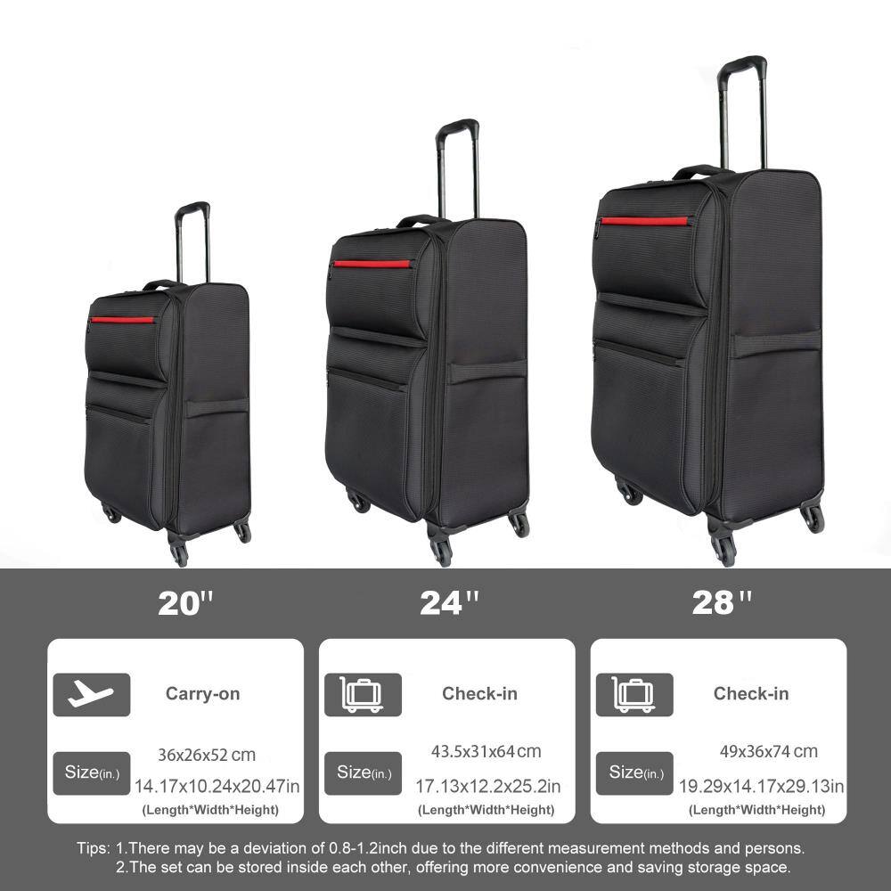 20" Carry-on  
Size: 36x26x52 cm  
Size (in.): 14.17x10.24x20.47 in  
(Length"Width"Height)

24" Check-in  
Size: 43.5x31x64 cm  
Size (in.): 17.13x12.2x25.2 in  
(Length"Width"Height)

28" Check-in  
Size: 49x36x74 cm  
Size (in.): 19.29x14.17x29.13 in  
(Length"Width"Height)

Tips:  
1. There may be a deviation of 0.8-1.2 inch due to the different measurement methods and persons.  
2. The set can be stored inside each other, offering more convenience and saving storage space.