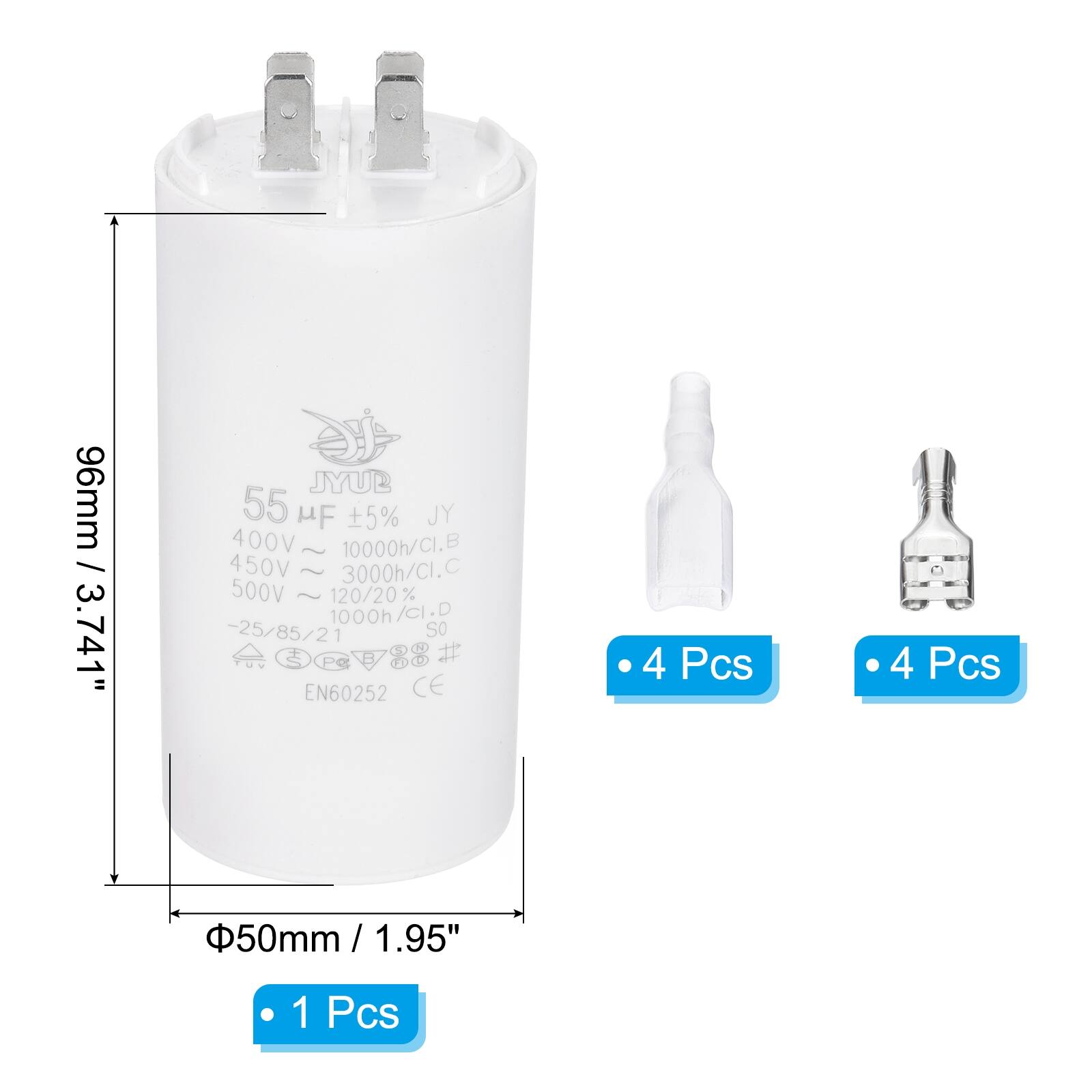 96mm / 3.741"  
JYUB 55 µF ±5% JY  
400V  
10000h/CI.B  
450V ~ 3000h/CI.C  
500V ~ 120/20%  
1000h/CI.D  
-25/85/21  
EN60252 CE  

4 Pcs  
4 Pcs  
1 Pcs  

Φ50mm / 1.95"