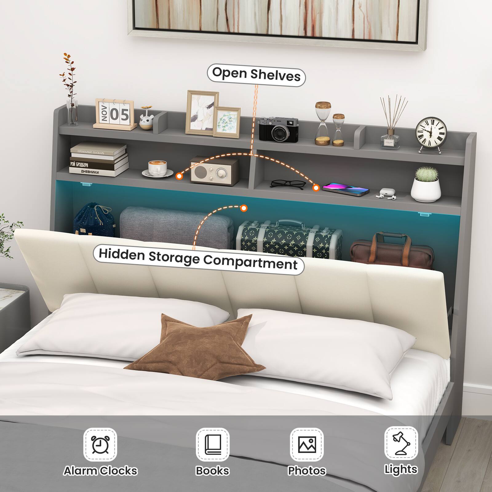 Open Shelves, Hidden Storage Compartment, Alarm Clocks, Books, Photos, Lights