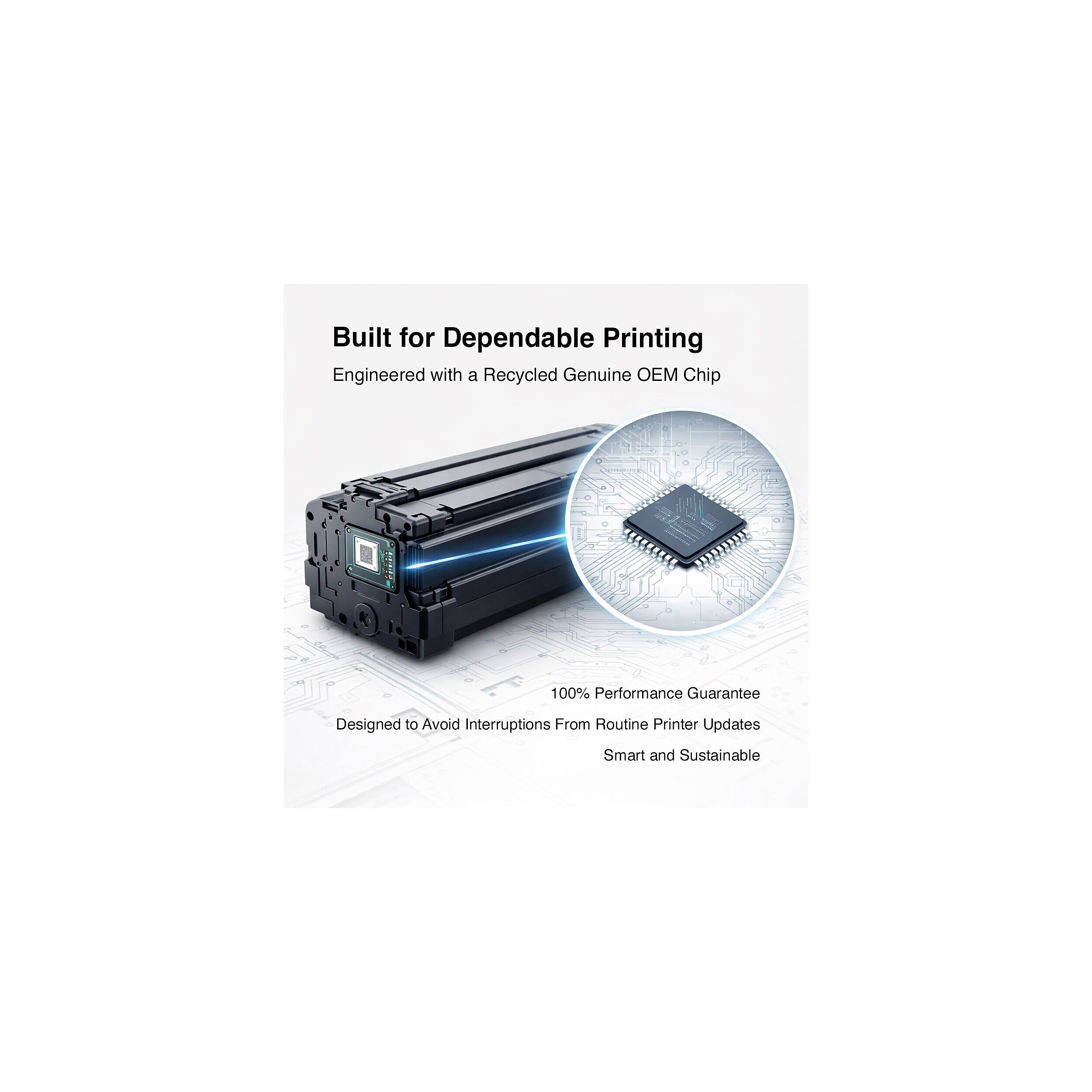 Built for Dependable Printing  
Engineered with a Recycled Genuine OEM Chip  
100% Performance Guarantee  
Designed to Avoid Interruptions From Routine Printer Updates  
Smart and Sustainable