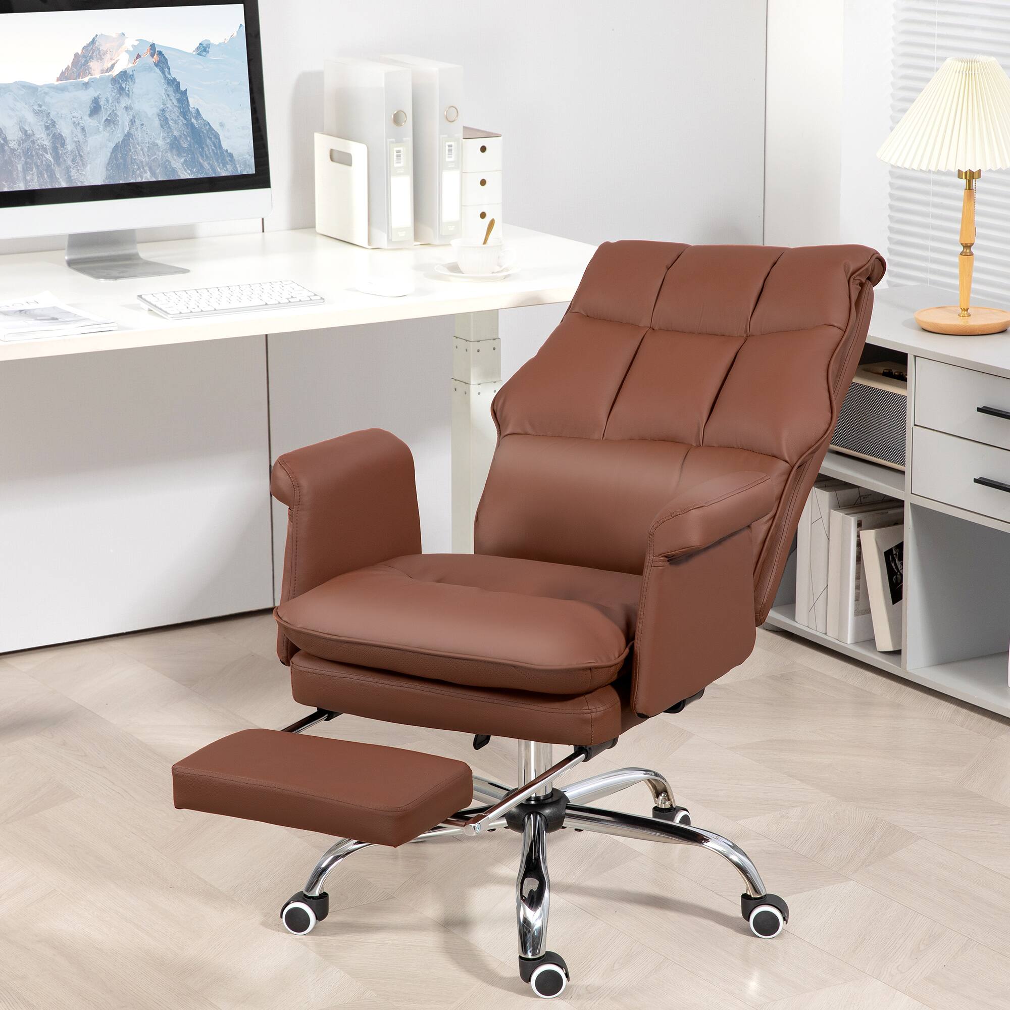 Alt View 1. Homcom - Executive Office Chair, PU Leather Ergonomic Office Desk Chair with Footrest, Reclining and Swivel Chair - Brown.