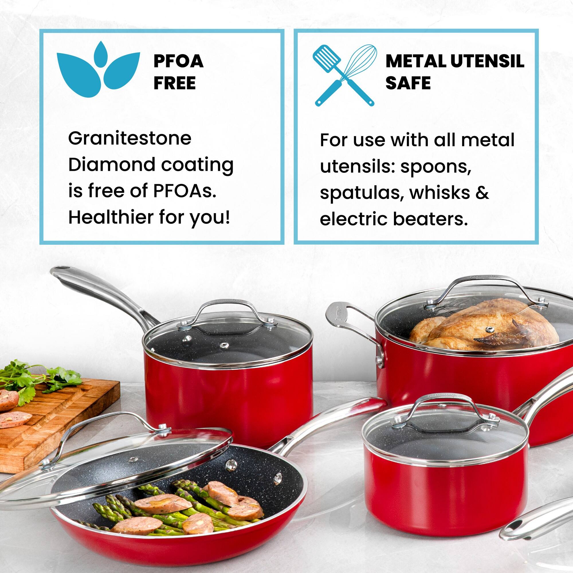 PFOA FREE Granitestone Diamond coating is free of PFOAs. Healthier for you! METAL UTENSIL SAFE For use with all metal utensils: spoons, spatulas, whisks & electric beaters.