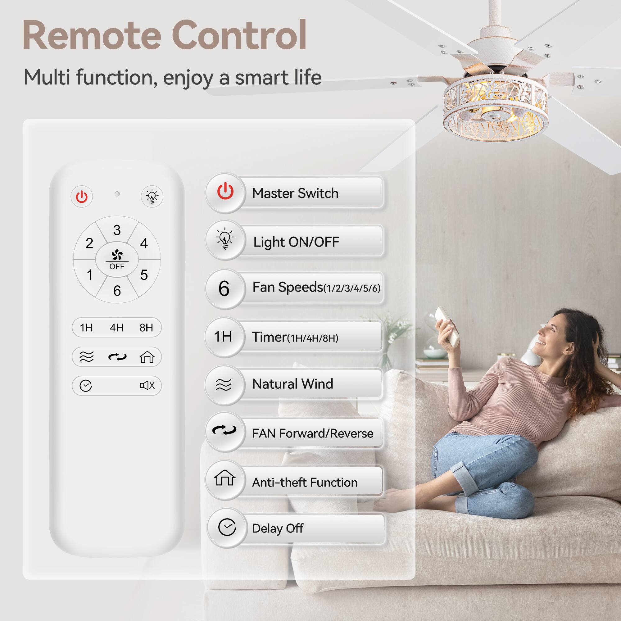 Remote Control, Multi function, enjoy a smart life
Master Switch
Light ON/OFF
Fan Speeds(1/2/3/4/5/6)
Timer(1H/4H/8H)
Natural Wind
FAN Forward/Reverse
Anti-theft Function
Delay Off
