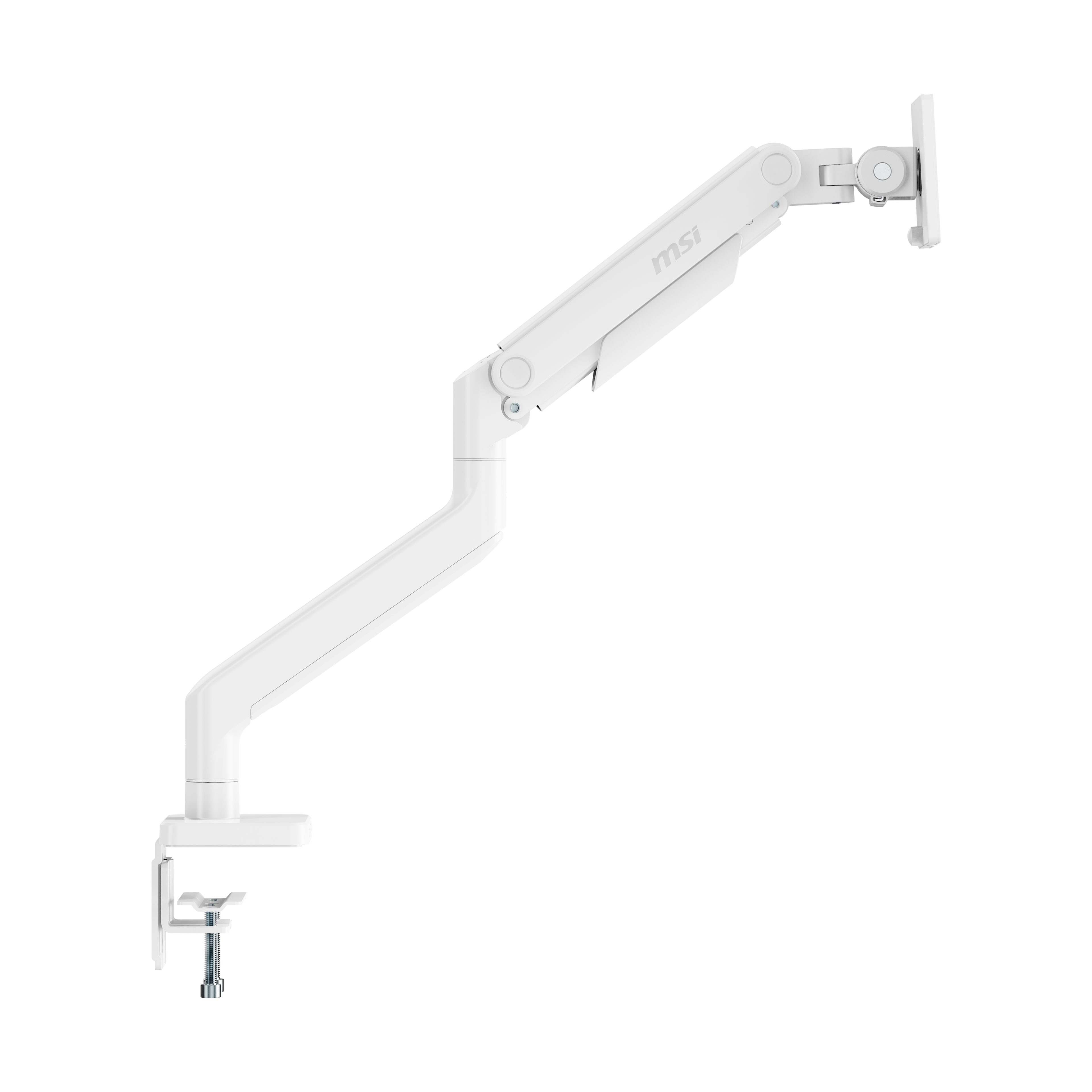 Angle. MSI - MSI MAG MT201W - Heavy Duty Monitor Arm, 17-49" 44 lbs, VESA, Clamp/Grommet, Spring Assisted - Black - Matte White.