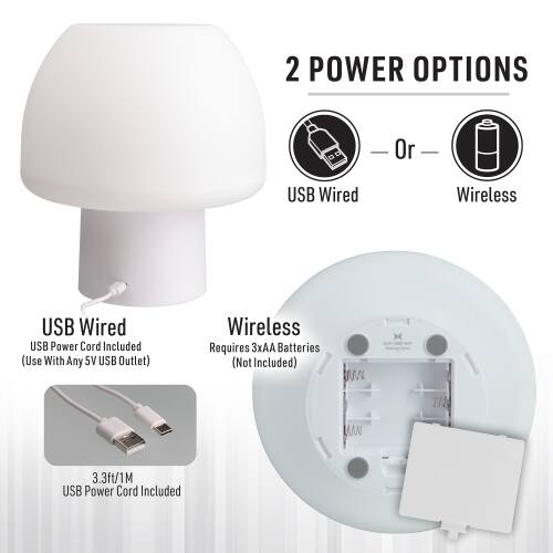 2 POWER OPTIONS

USB Wired
- USB Power Cord Included (Use With Any 5V USB Outlet)

Wireless
- Requires 3xAA Batteries (Not Included)

USB Wired USB Power Cord Included (Use With Any 5V USB Outlet)
Wireless Requires 3xAA Batteries (Not Included)

3.3ft/1M USB Power Cord Included