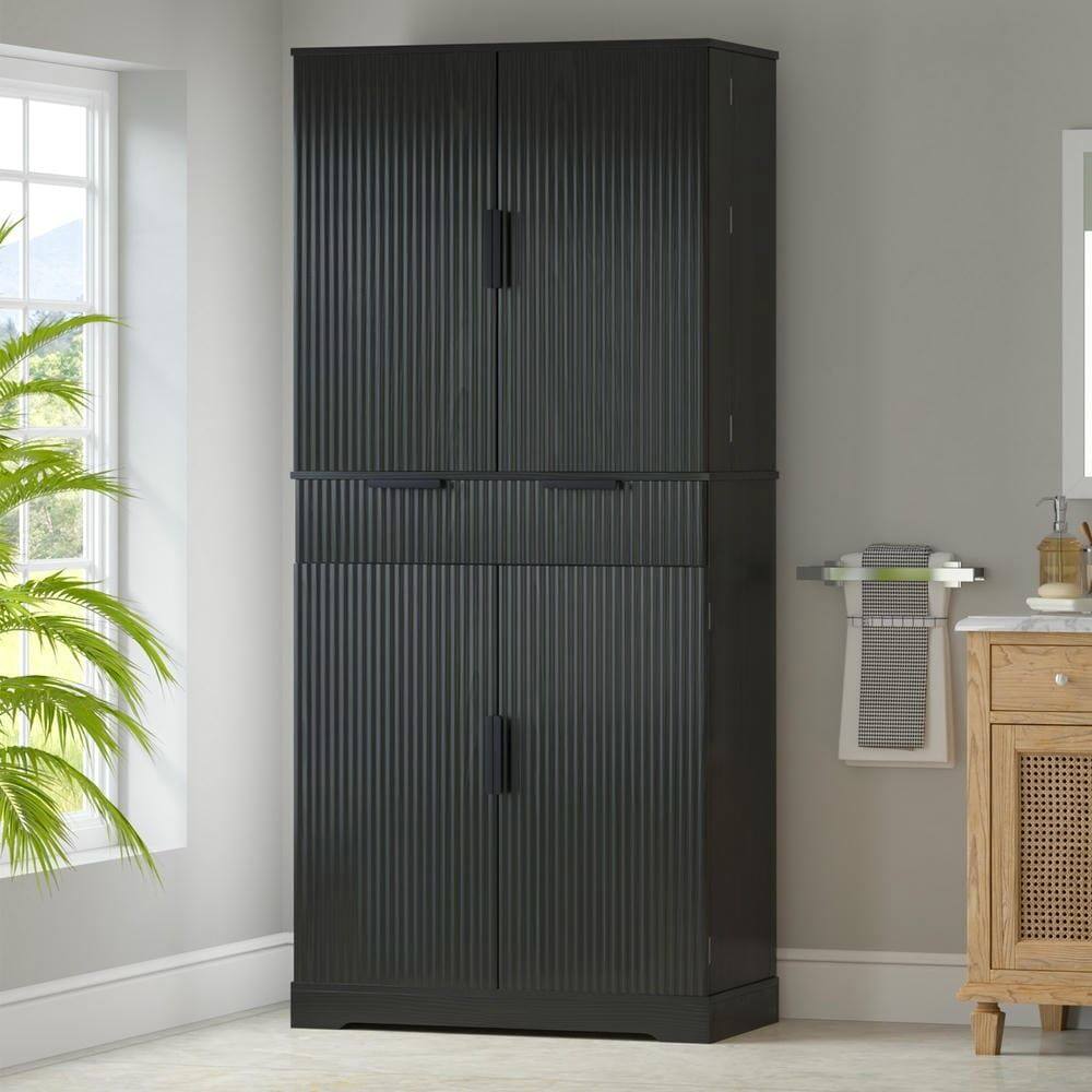 Alt View 2. Kadyn - 72" Fluted Kitchen Pantry with 3 Keyboard Drawers and Adjustable Shelves - Black - Black.