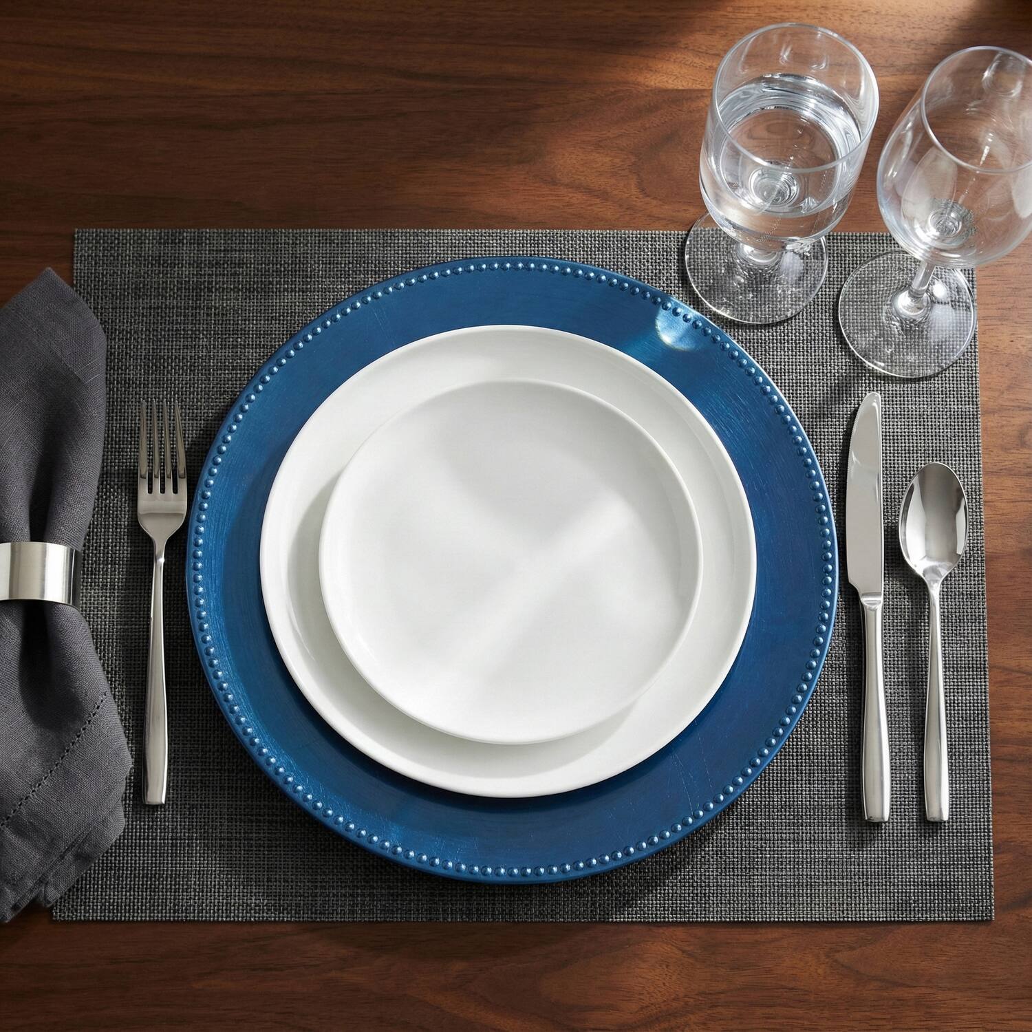 Left. American Atelier - Set of 12 Royal Blue Beaded Charger Plate 13"D - Blue.