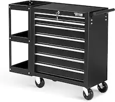 Front. Winado - 7-Drawer Rolling Tool Chest Tool Cabinet Storage Box with Side Shelves & Wheels & Lock & Key & Drawer Liner for Workshop - Black.