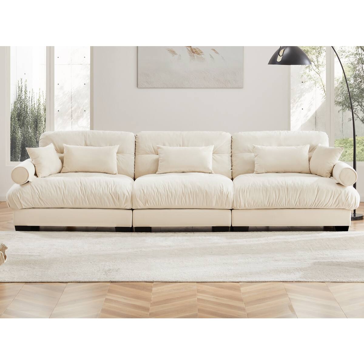 Left. Ropilly - Ropilly Extra Large 3 Seat Velvet Sofa, Cream Modern Sofa with Deep Cushions and Pillows - Cream.