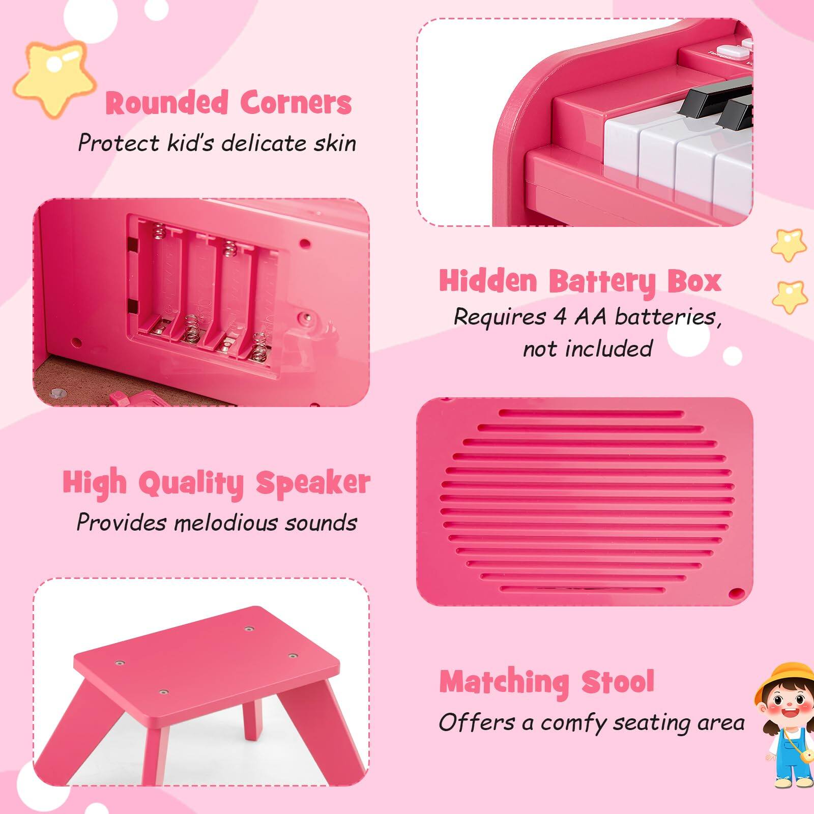 - Rounded Corners
  - Protect kid's delicate skin

- Hidden Battery Box
  - Requires 4 AA batteries, not included

- High Quality Speaker
  - Provides melodious sounds

- Matching Stool
  - Offers a comfy seating area