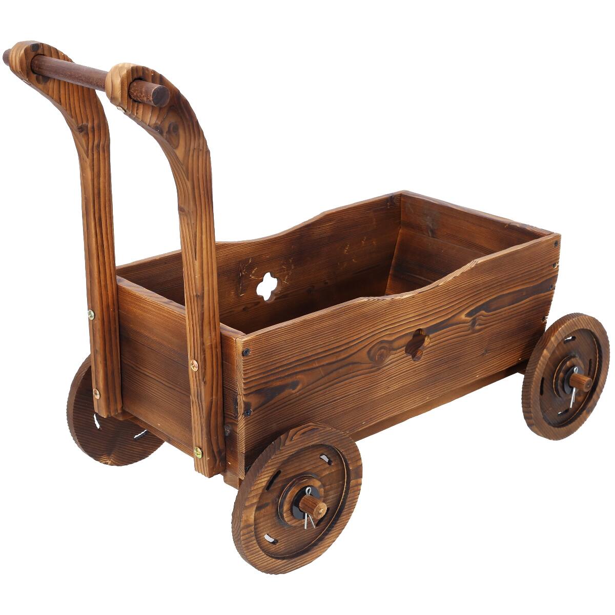 Alt View 3. Loheer - Loheer Wooden Wagon Planter with Wheels, Carbonized Fir Wood Flower Cart with Handle and Drainage, Brown.
