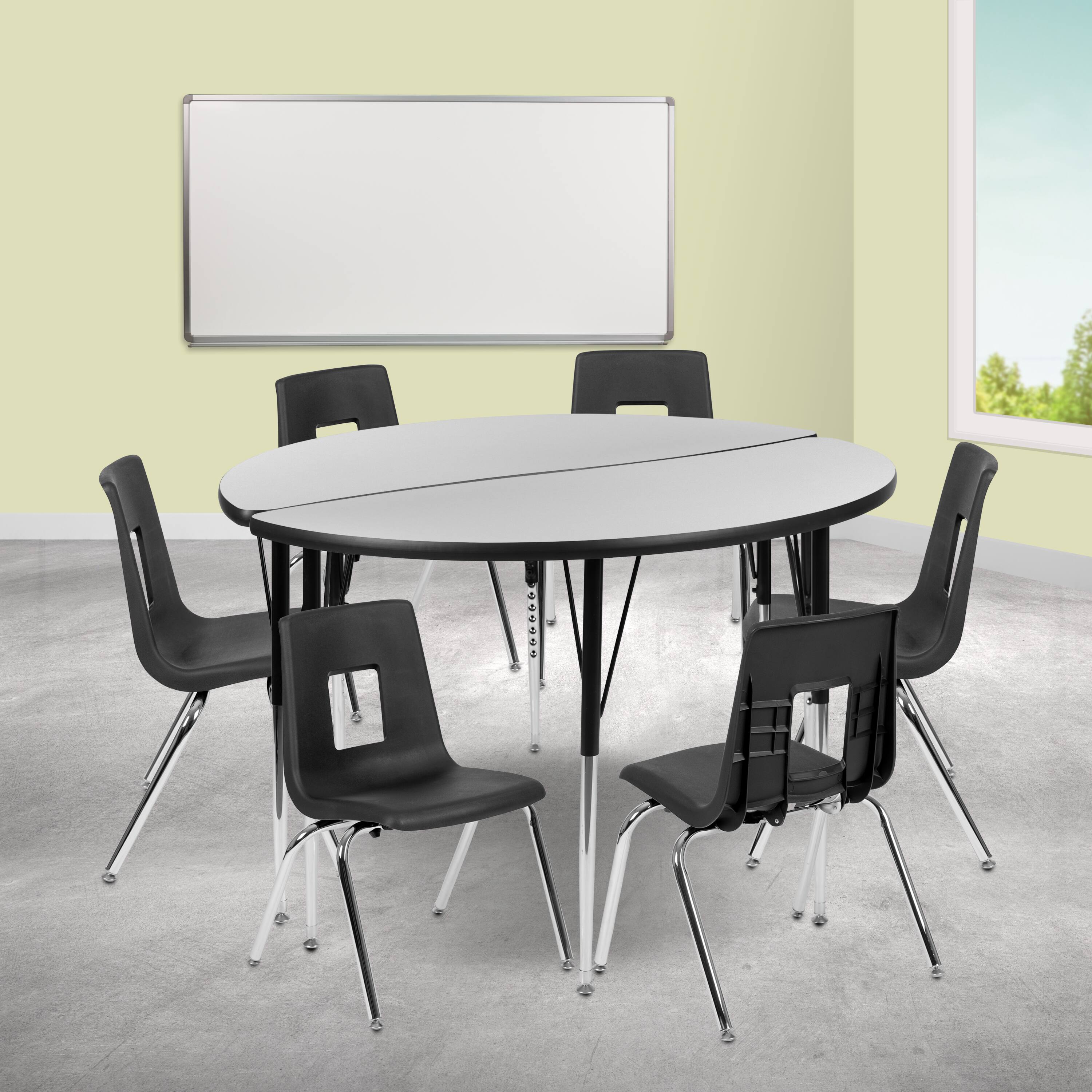 "Emma + Oliver - 47.5"" Circle Wave Collaborative Laminate Activity Table Set with 16"" Student Stack Chairs, Grey/Black - Gray" price history on PriceWatchPro