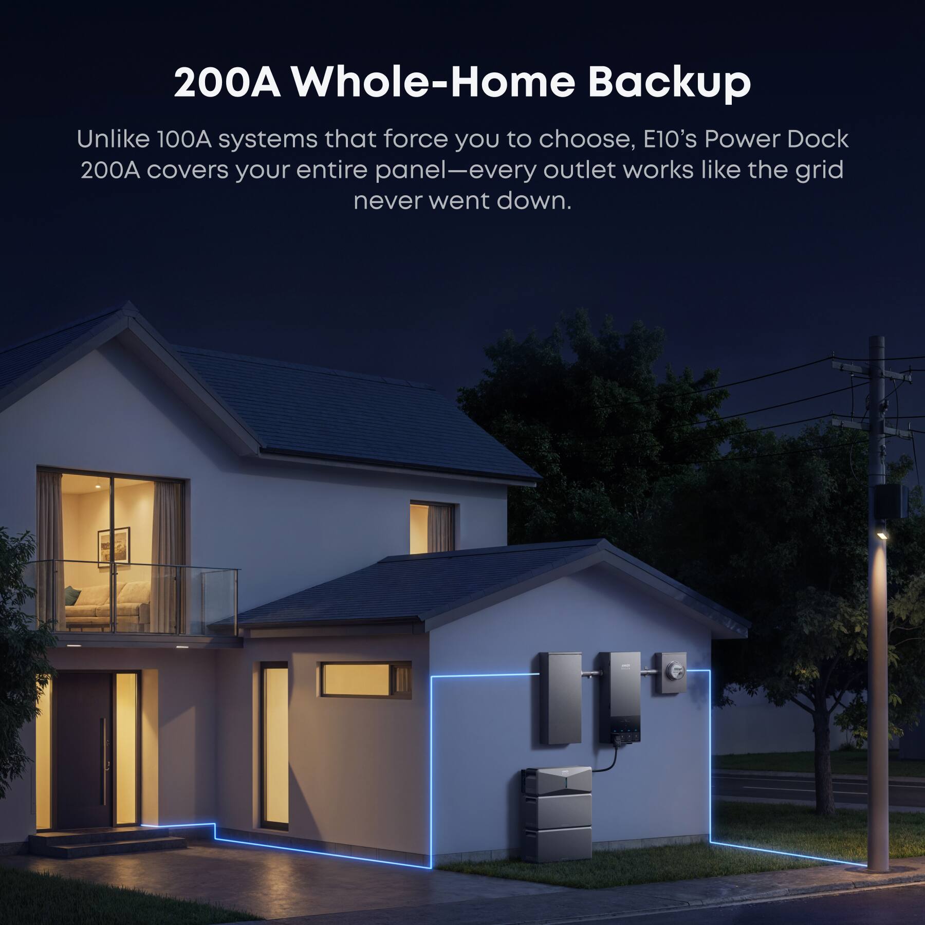 200A Whole-Home Backup

Unlike 100A systems that force you to choose, E10's Power Dock 200A covers your entire panel—every outlet works like the grid never went down.