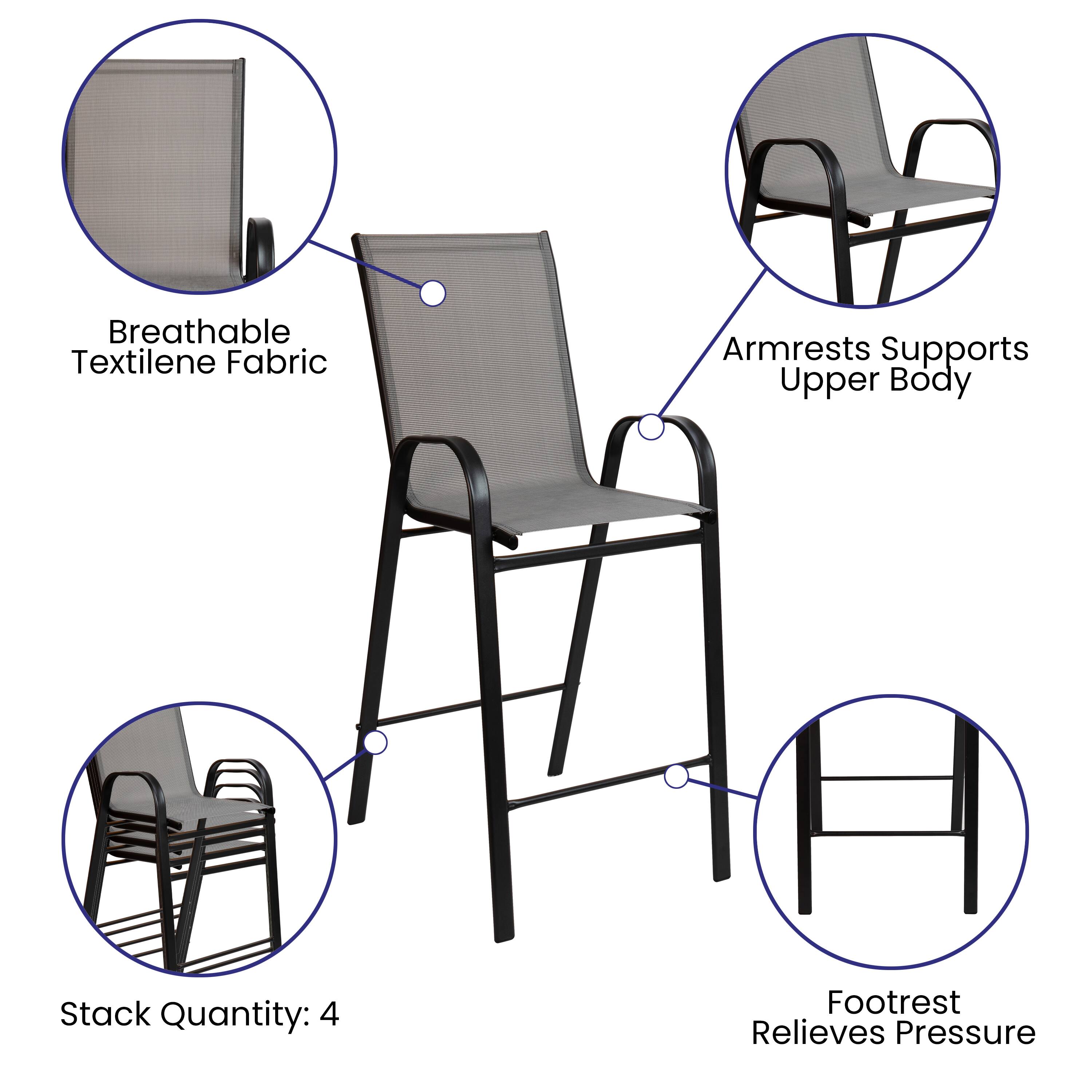 Breathable Textilene Fabric  
Armrests Supports Upper Body  
Stack Quantity: 4  
Footrest Relieves Pressure