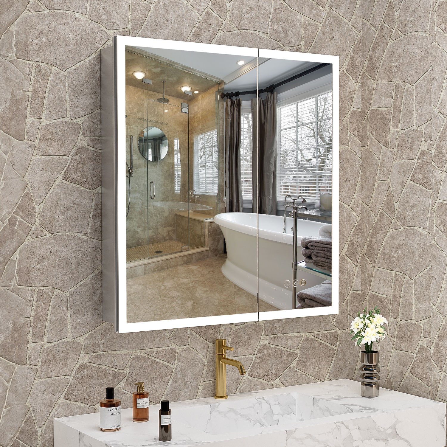 TinyHomie - 30x32In LED Lighted Medicine Cabinet with Mirror Lights Recessed or Wall Mounted 3 Color TemperaturesAnti-Fog - Silver and Silver grey and Silver and Silver