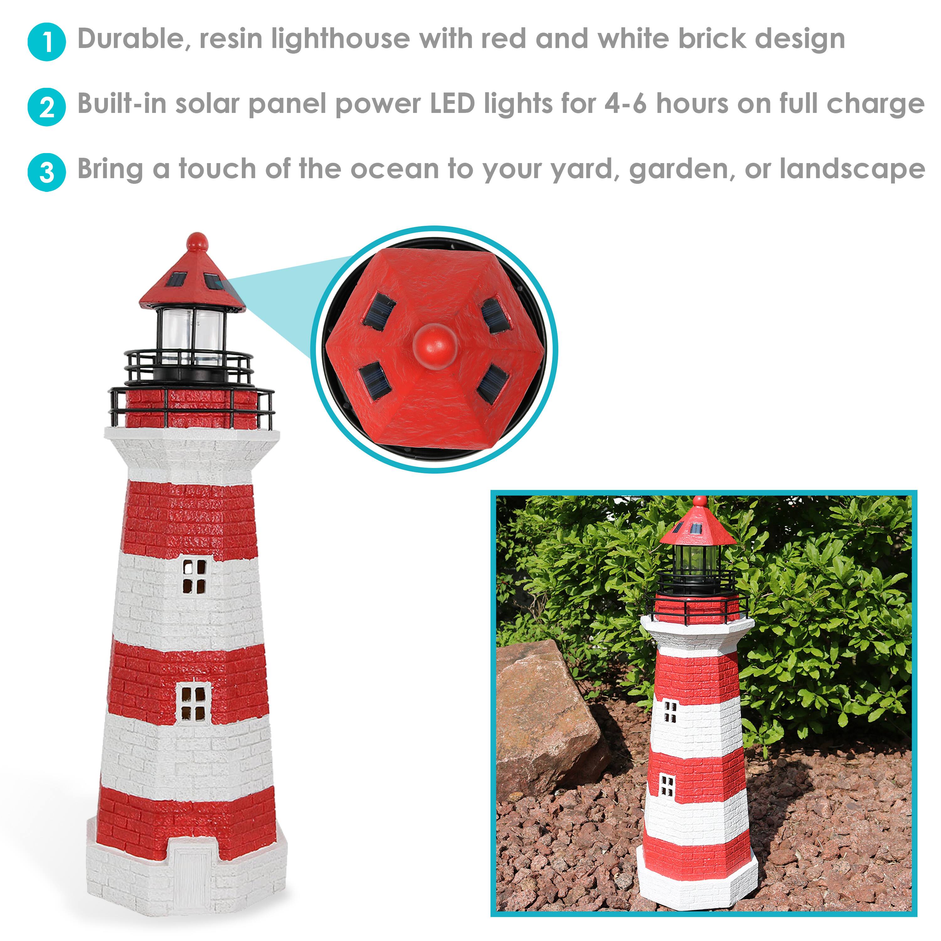 1. Durable, resin lighthouse with red and white brick design  
2. Built-in solar panel powers LED lights for 4-6 hours on full charge  
3. Bring a touch of the ocean to your yard, garden, or landscape