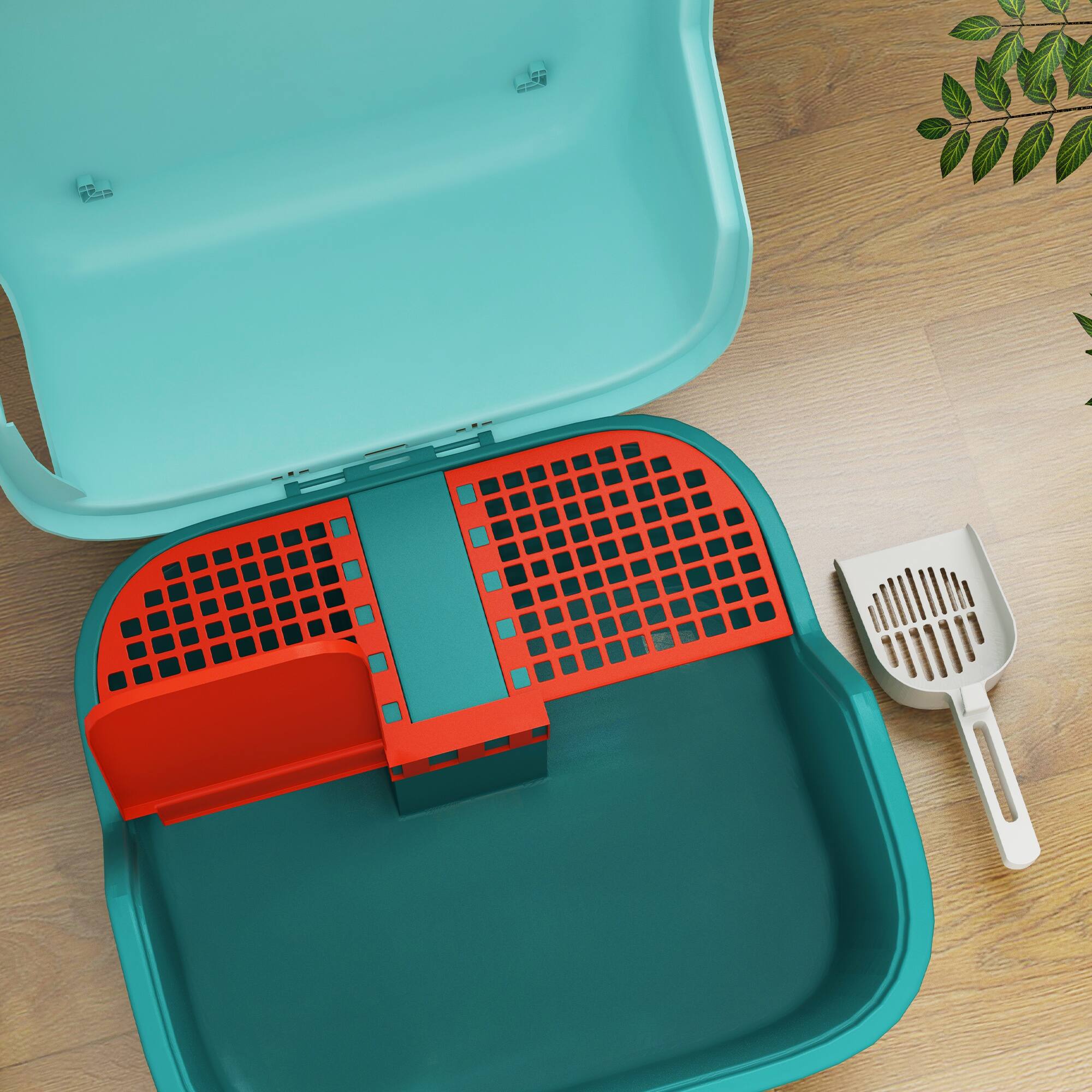 Alt View 5. Pawhut - Cat Litter Box with Lid, Covered Kitty Litter Box Enclosure with Scoop, Openable & Lockable Cover, Easy to Clean - Green.