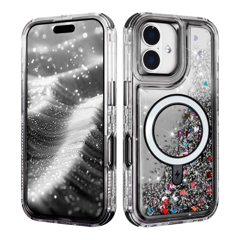 Entronix - [Magnetic] Case Compatible with iPhone 16 - Liquid Glitter Triple-Layer Heavy Duty Protection - Black