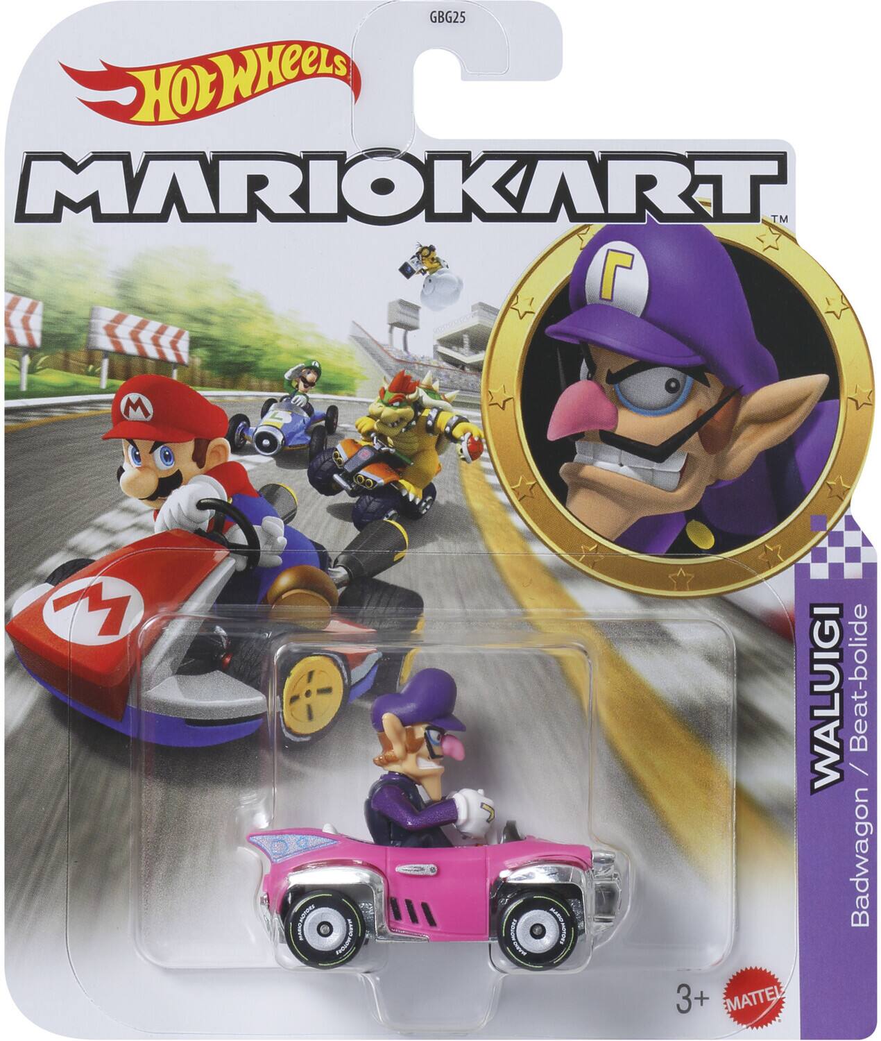 GBG25  
Hot Wheels Mario Kart  
Waluigi Beat-bolide / Badwagon  
3+  
Mattel