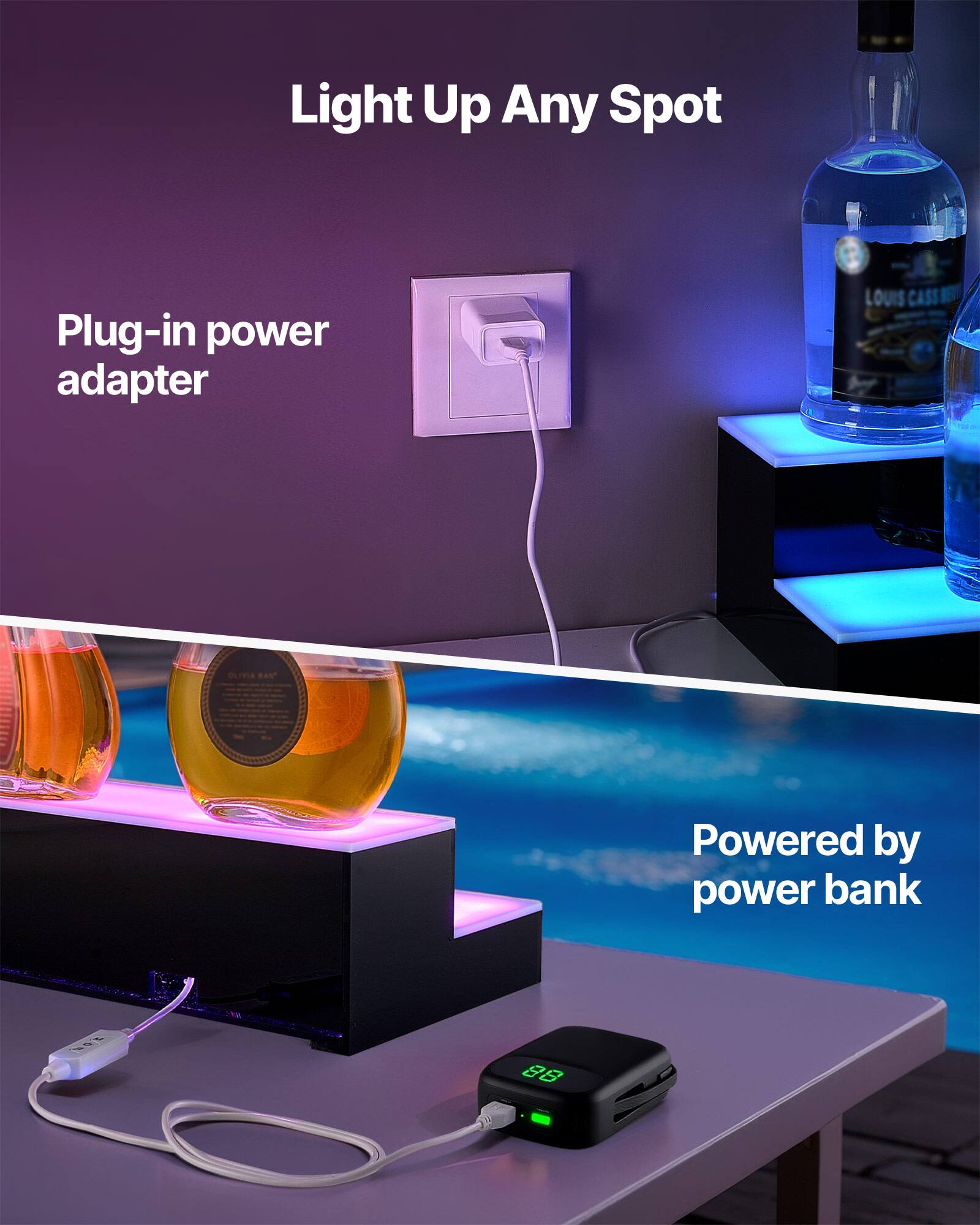 Light Up Any Spot

Plug-in power adapter

Powered by power bank