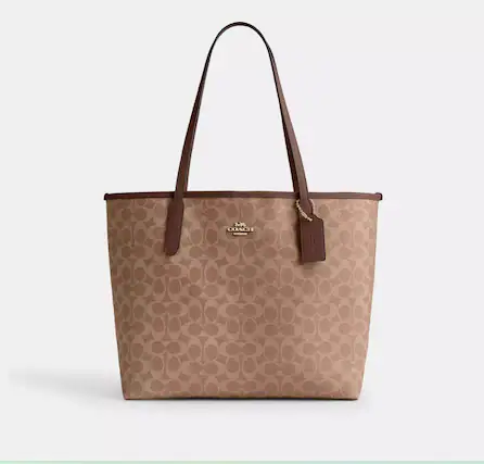 Front. Coach - COACH Signature Tote Bag Hand Bag Shoulder Bag PVC/Leather Brown 17 inch - Brown.