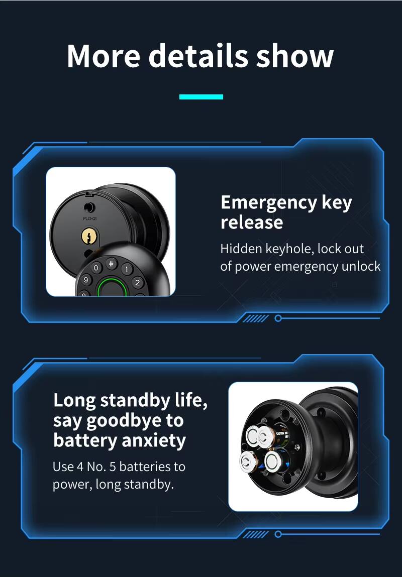 More details show

Emergency key release  
Hidden keyhole, lock out of power emergency unlock

Long standby life, say goodbye to battery anxiety  
Use 4 No. 5 batteries to power, long standby.