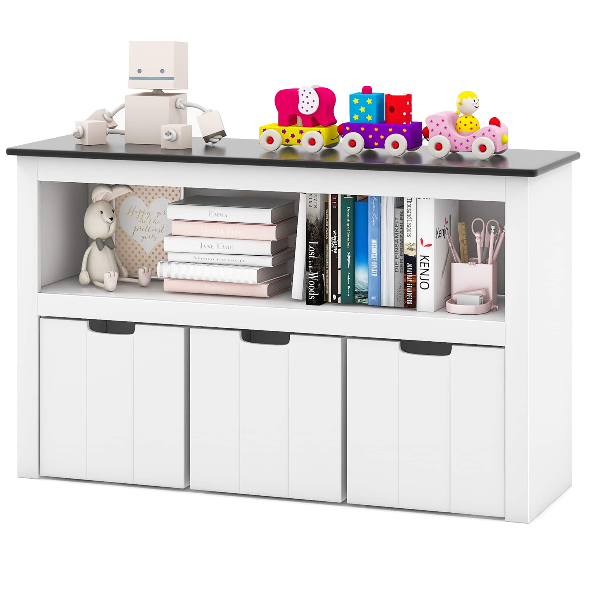 Costway - Kids Toy Storage Organizer Wooden Bookshelf with 3 Drawers Hidden Wheel Blackboard - White,Black