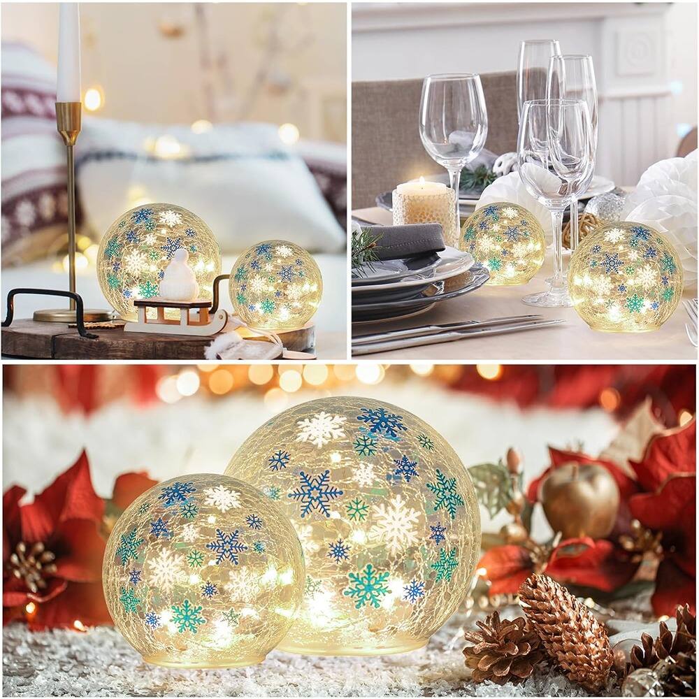 Alt View 3. Schertz - Set of 2 Lighted Glass Crackle Ball Ornaments – LED Snowflake, Battery Operated - multicolor.
