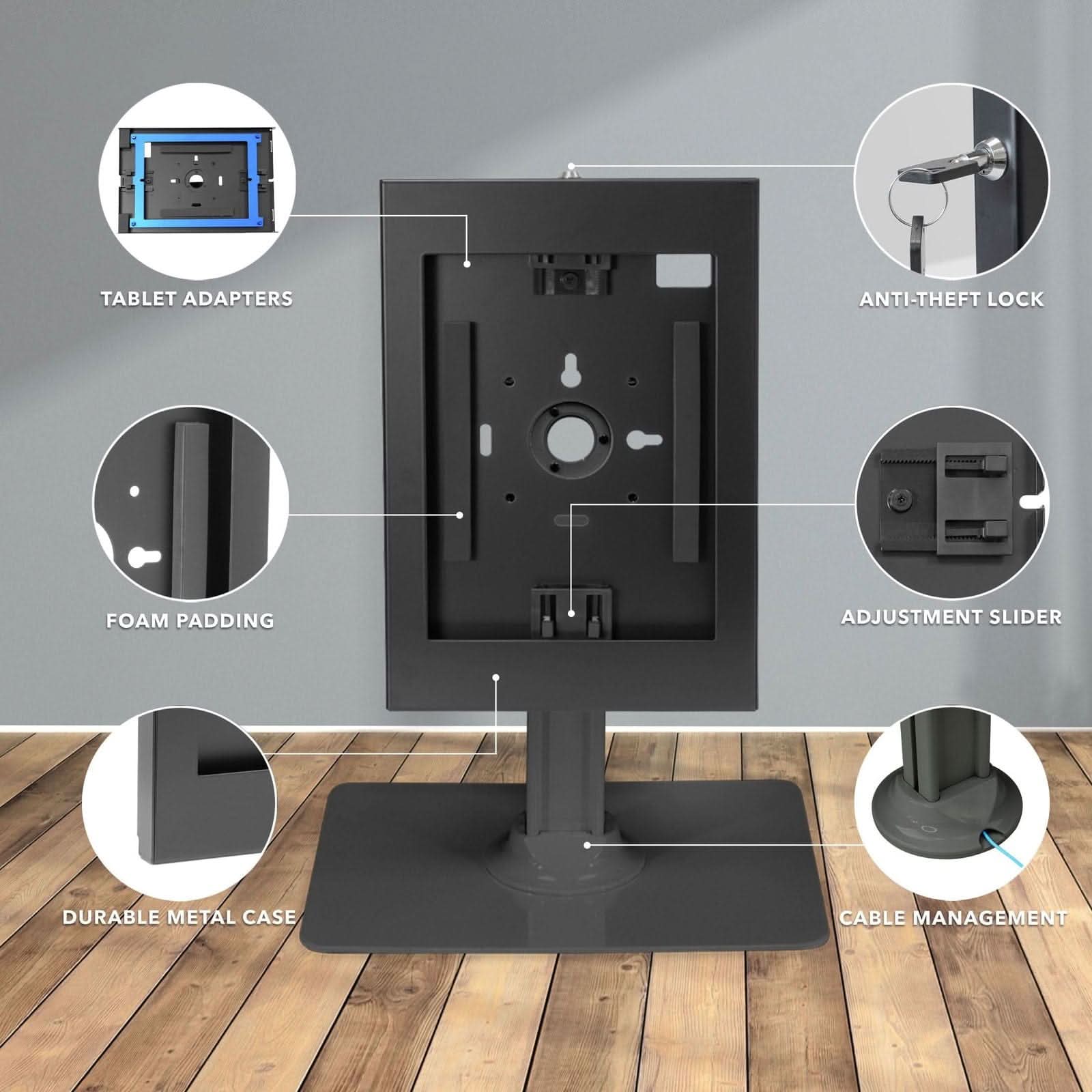 - Tablet Adapters
- Anti-Theft Lock
- Foam Padding
- Adjustment Slider
- Durable Metal Case
- Cable Management