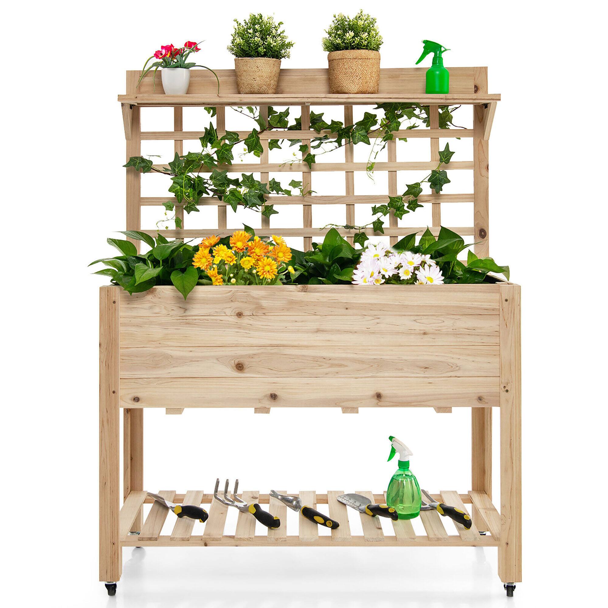 Alt View 9. Gymax - Gymax Raised Garden Bed Mobile Elevated Wooden Planter Box w/ Wheels Trellis Shelf - Nature.