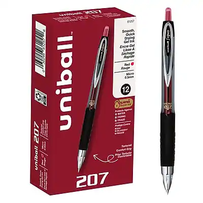 207 uniball
01204 30246
Smooth, Quick Drying Gel Ink
Encre Gel Lisse A Sèchage Rapide
Red Rouge
Micro 0.5mm
Protects Against Fading and Water
Protège Contre la Décoloration et l'Eau
Textured Comfort Grip
Poignée Texturée Confortable
12 G.