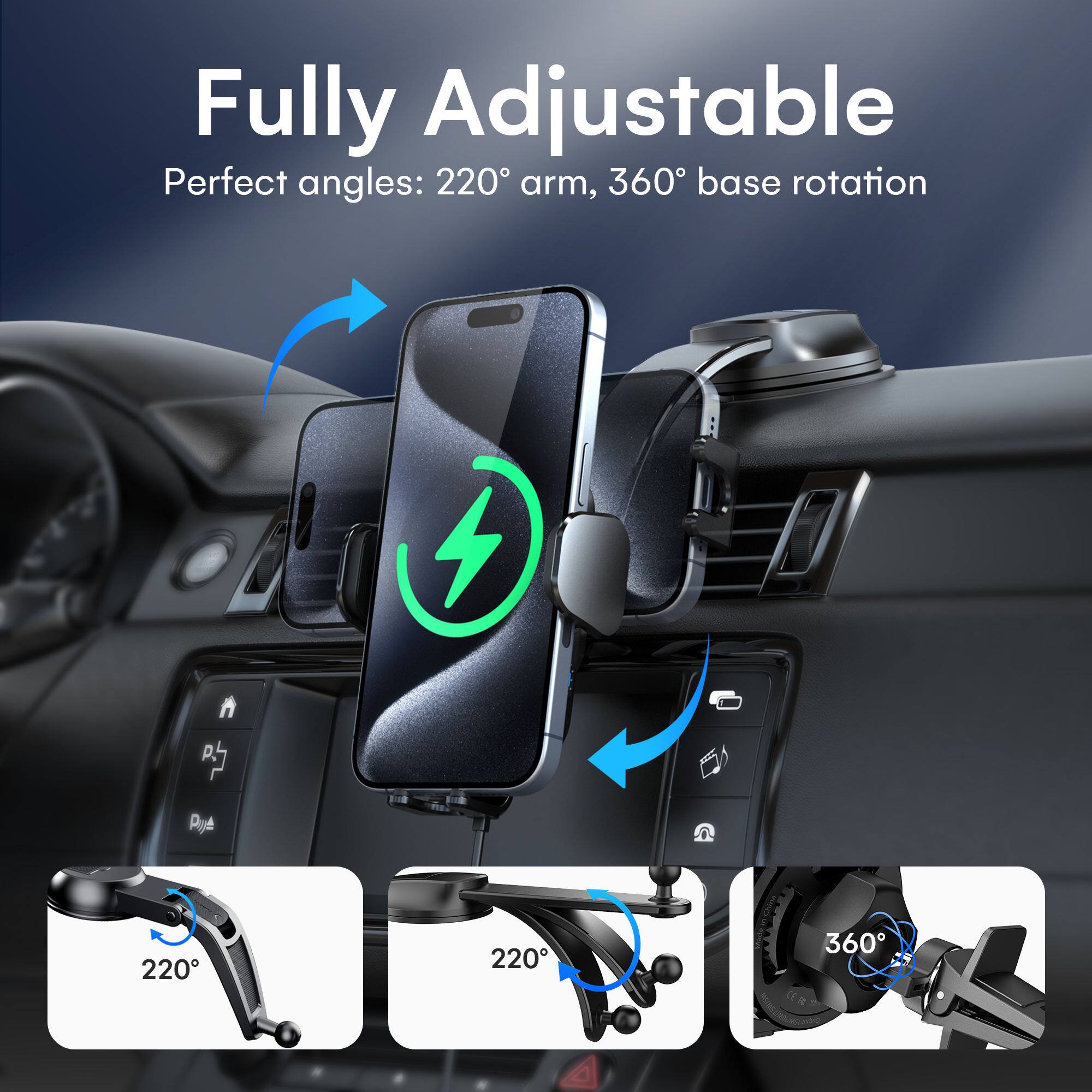 Fully Adjustable  
Perfect angles: 220° arm, 360° base rotation
