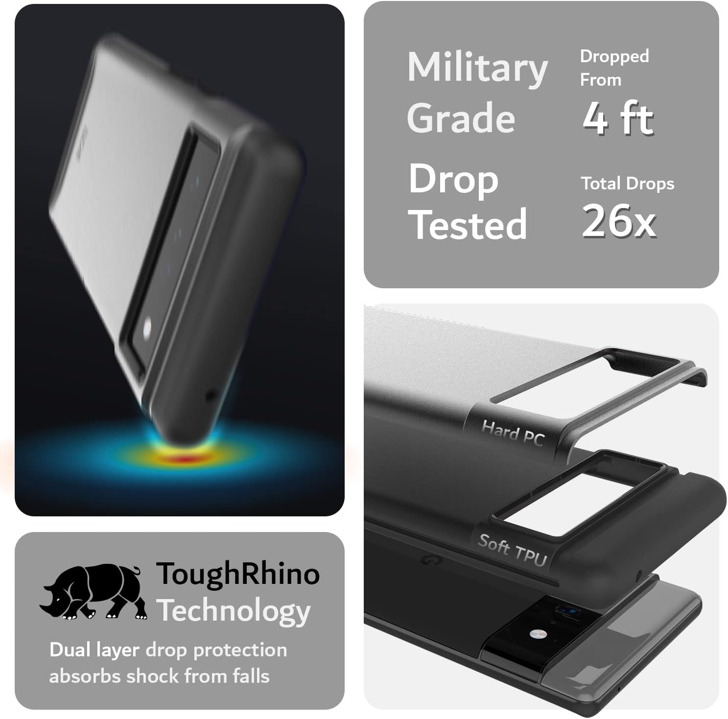 - Military Grade Drop Tested
- Dropped From 4 ft
- Total Drops Tested 26x
- ToughRhino Technology
- Dual layer drop protection absorbs shock from falls
- Hard PC
- Soft TPU