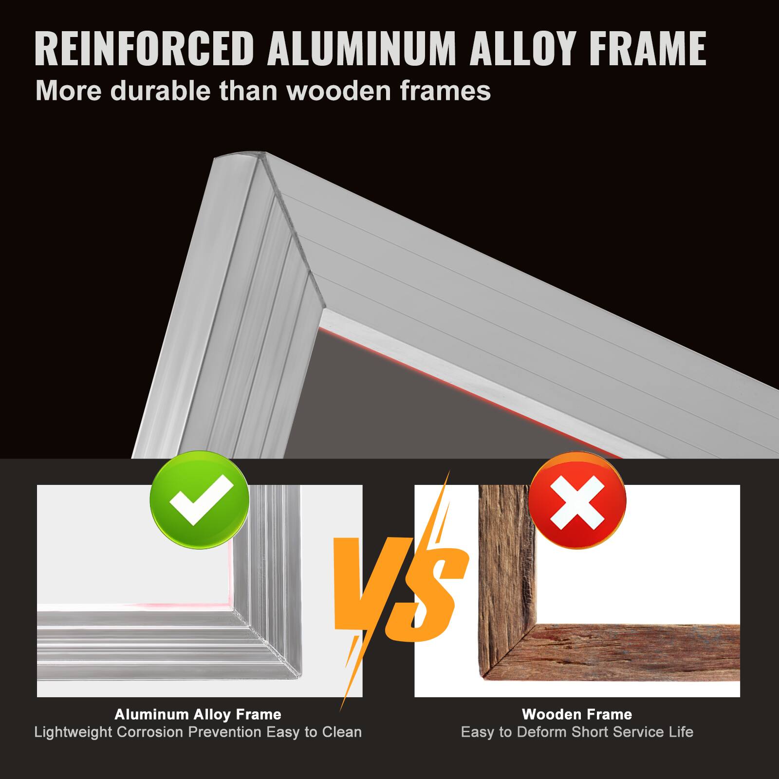 REINFORCED ALUMINUM ALLOY FRAME  
More durable than wooden frames

VS

Aluminum Alloy Frame  
Lightweight Corrosion Prevention Easy to Clean

Wooden Frame  
Easy to Deform Short Service Life