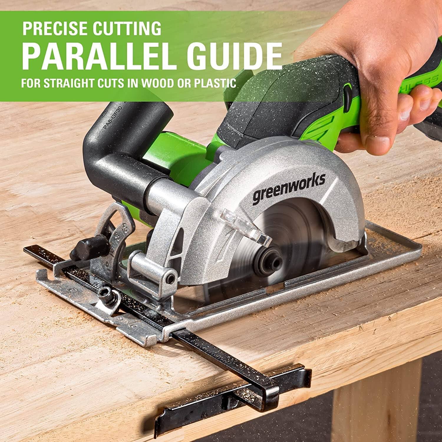 PRECISE CUTTING PARALLEL GUIDE  
FOR STRAIGHT CUTS IN WOOD OR PLASTIC  

greenworks