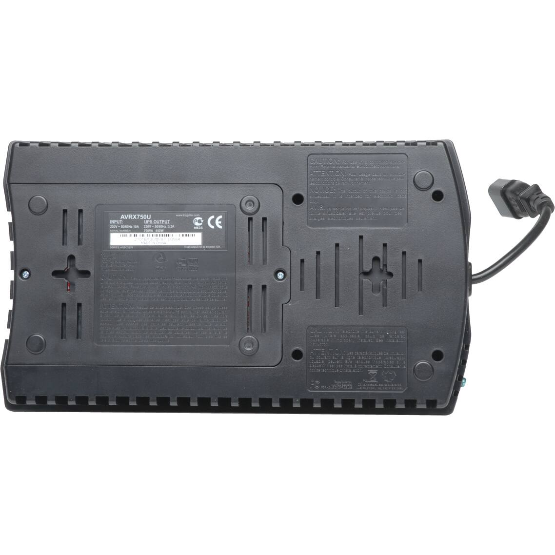 AVRX50U  
INPUT: 100-240V~ 50/60Hz 1.5A  
UPS OUTPUT: 230V~ 50/60Hz 3.3A  

CAUTION:  
- Do not open the case.  
- Do not expose to moisture or water.  
- Do not use in a dusty or dirty environment.  
- Do not use in a place where the temperature is below 0°C or above 40°C.  
- Do not use in a place where there is a risk of explosion.  
- Do not use in a place where there is a risk of fire.  
- Do not use in a place where there is a risk of electric shock.  
- Do not use in a place where there is a risk of electric shock.  
- Do not use in a place where there is a risk of electric shock.  
- Do not use in a place where there is a risk of electric shock.  
- Do not use in a place where there is a risk of electric shock.  
- Do not use in a place where there is a risk of electric shock.  
- Do not use in a place where there is a risk