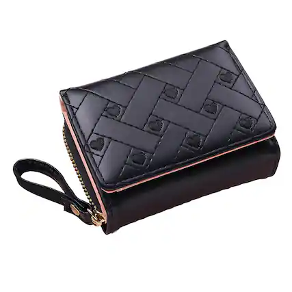Front. Kitcheniva - Women's Heart Embroidered Wallet Black - Black.