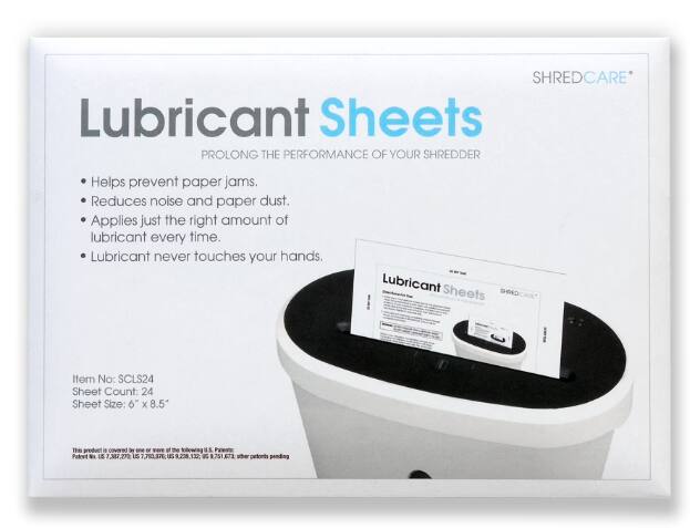 SHREDCARE* Lubricant Sheets  
PROLONG THE PERFORMANCE OF YOUR SHREDDER  
Helps prevent paper jams.  
Reduces noise and paper dust.  
Applies just the right amount of lubricant every time.  
Lubricant never touches your hands.  

Lubricant Sheets  
SHREDCARE  
Item No: SCLS24  
Sheet Count: 24  
Sheet Size: 6 x 8.5"  

This product is covered by one or more of the following U.S. Patent Nos:  
5,387,272  
7,790,171  
9,236,121  
9,251,272  
Other patents pending
