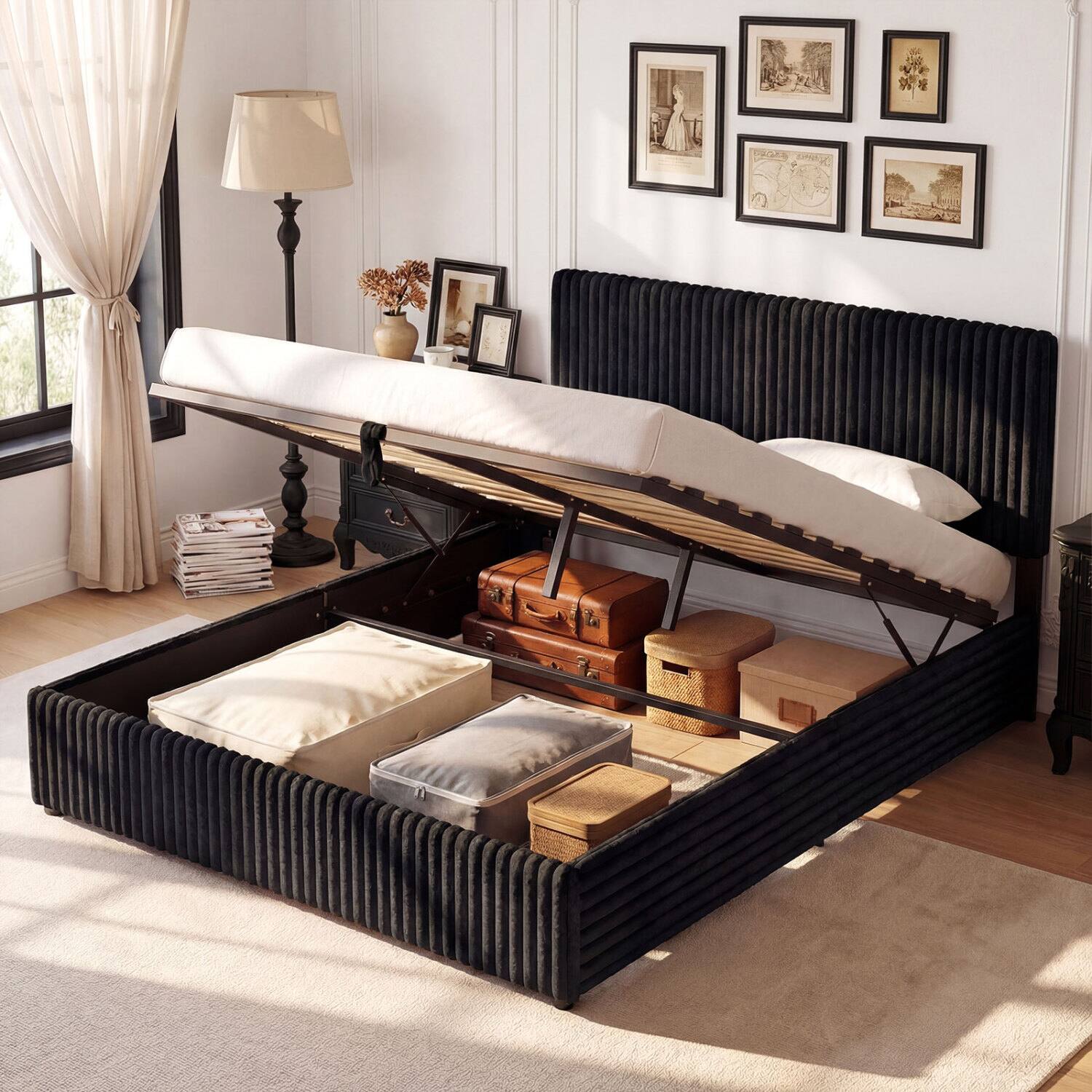Alt View 5. LUCKY ONE - Queen Assembled Lift-up Storage Bed with Corduroy Upholstered Headboard Wooden Slats 600 lbs - Black.
