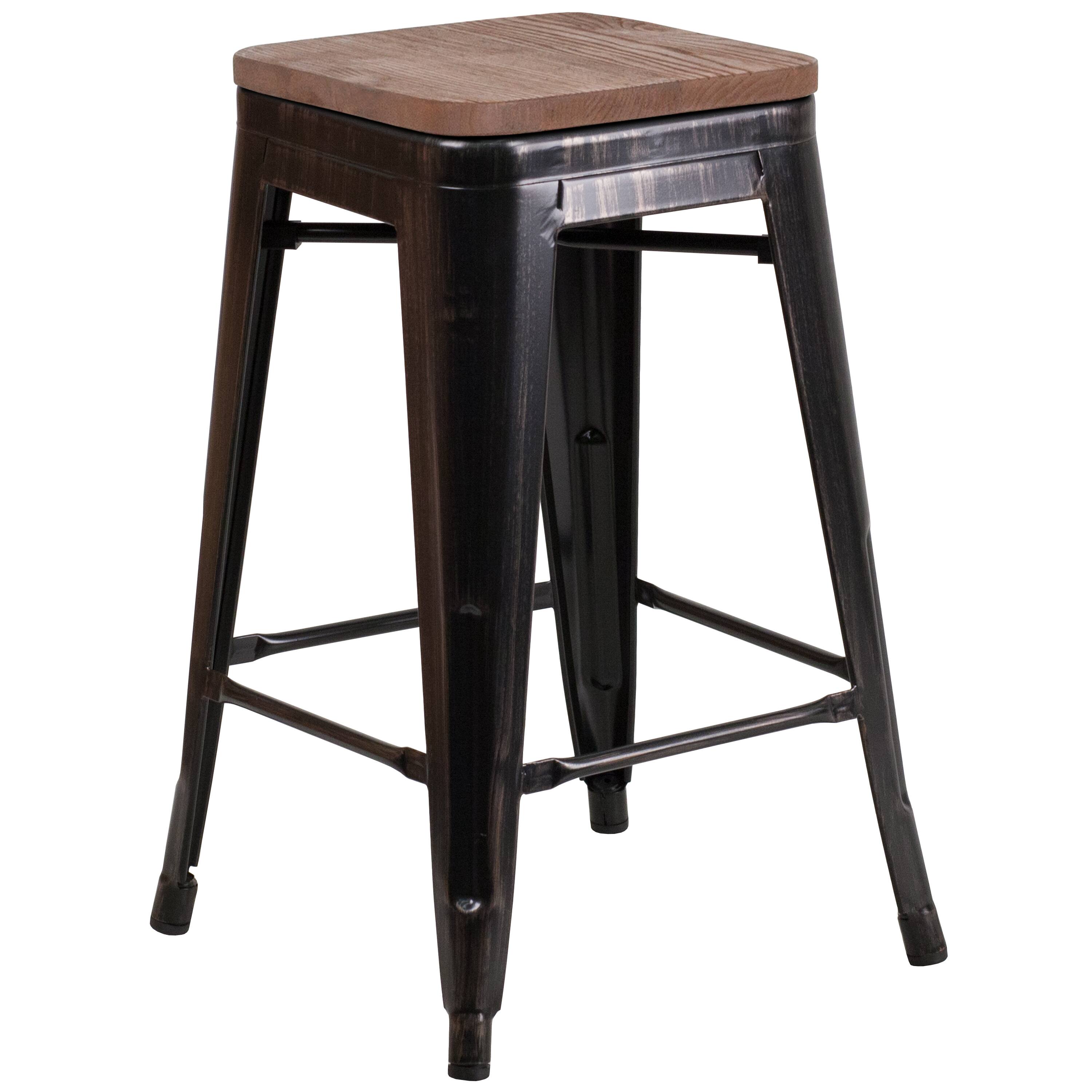 Front. Flash Furniture - Lily 24" High Backless Black-Antique Gold Metal Counter Height Stool with Square Wood Seat - Gold.