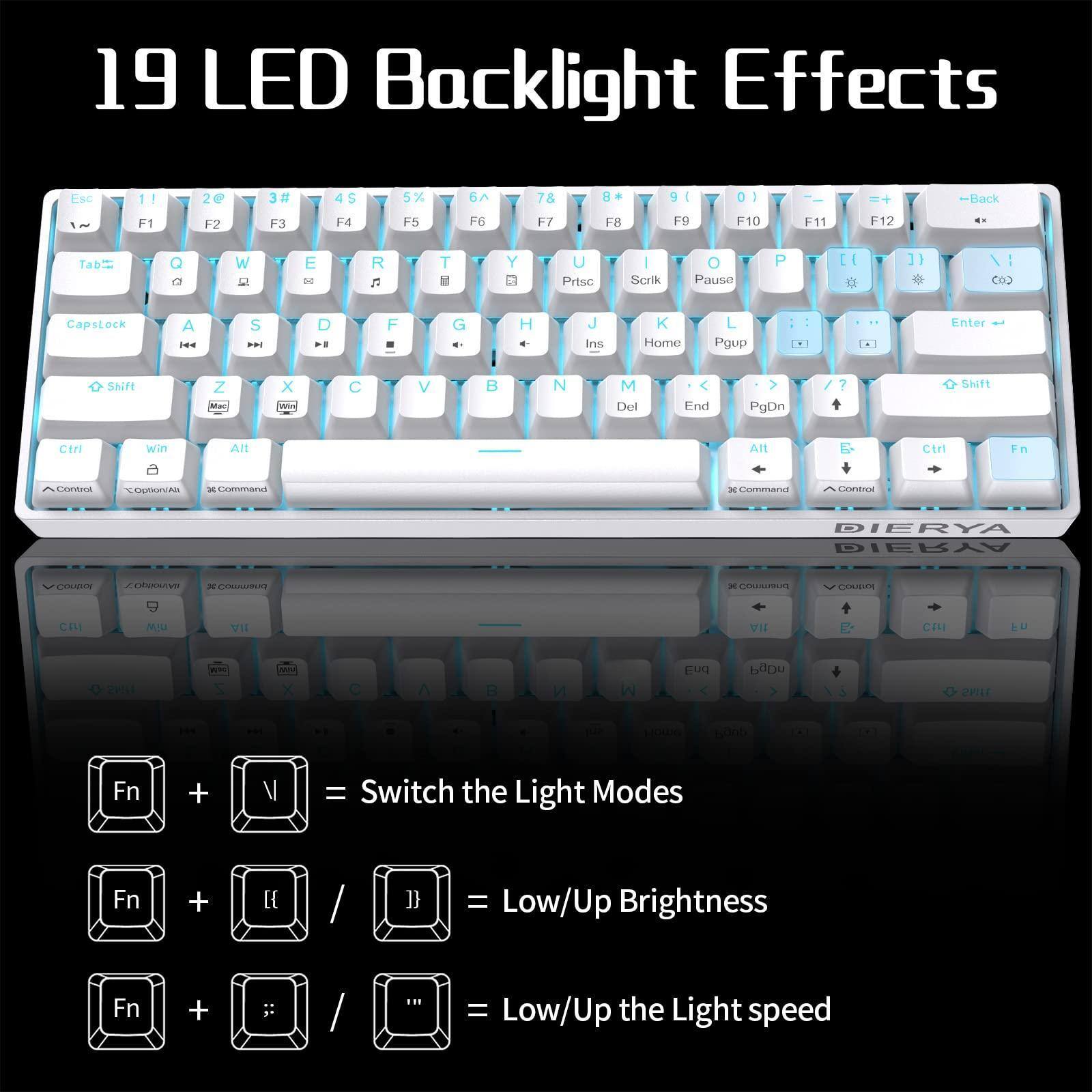 19 LED Backlight Effects

ESC F1 1 F2 2 F3 3 F4 4 F5 5 F6 6 F7 7 F8 8 F9 9 F10 0 F11 - F12 =

Tab Q W E R T Y U I O P

CapsLock A S D F G H J K L ; '

Shift Z X C V B N M , . /

Ctrl Win Alt

Command Control Fn

DIERYA

Fn + V = Switch the Light Modes

Fn + [ / ] = Low/Up Brightness

Fn + ; / " = Low/Up the Light speed