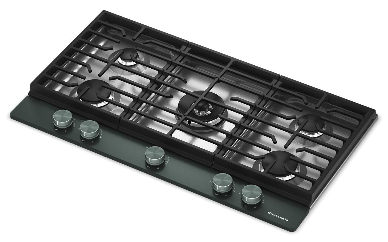 Left. KitchenAid - 36 in. wide Gas Cooktop with 5 Burners and Integrated Wok Grate - Juniper.