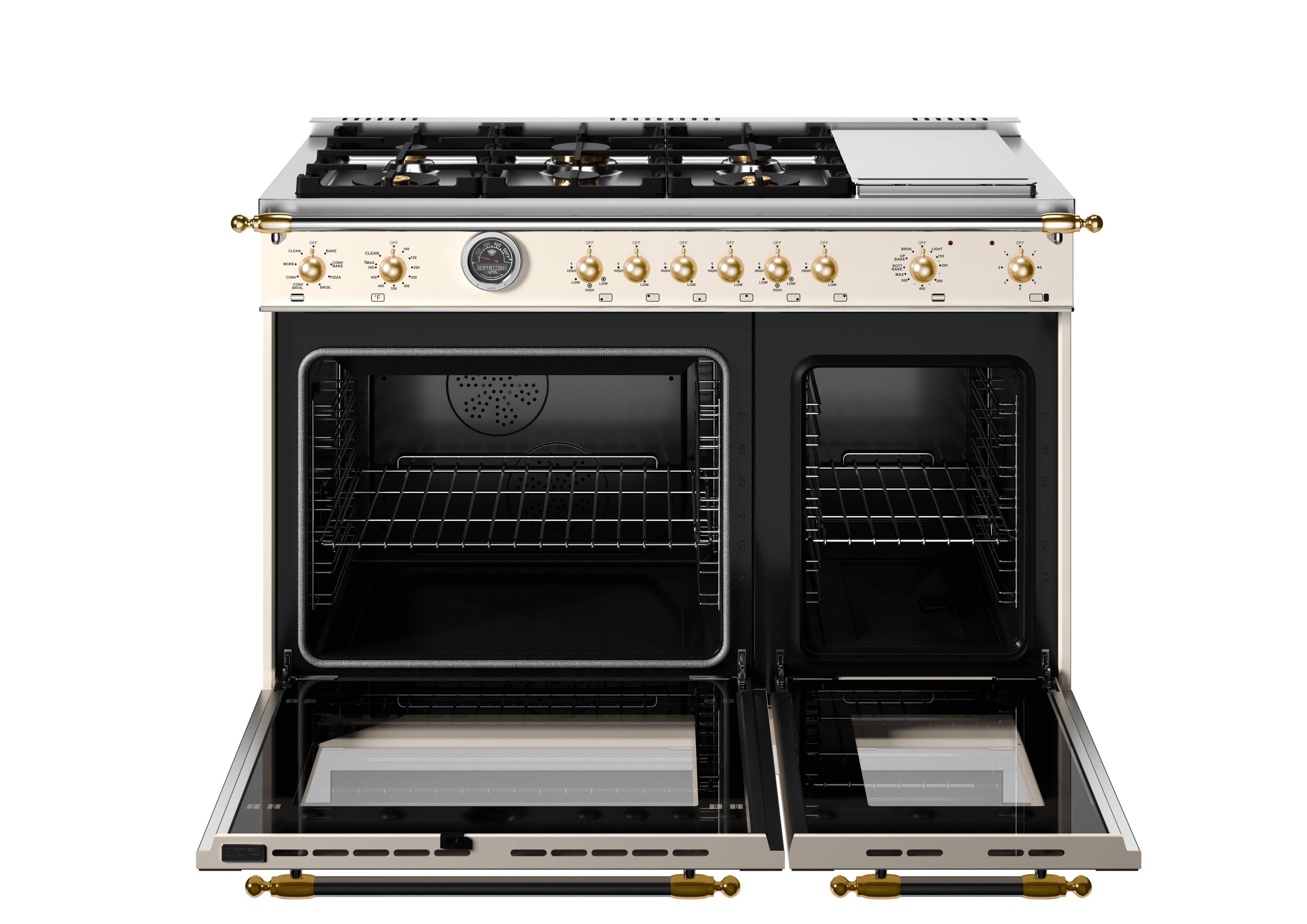 Left. Bertazzoni - 48" Heritage Series 6-Burner Freestanding Dual Fuel Range - Avorio/Gold - Ivory.