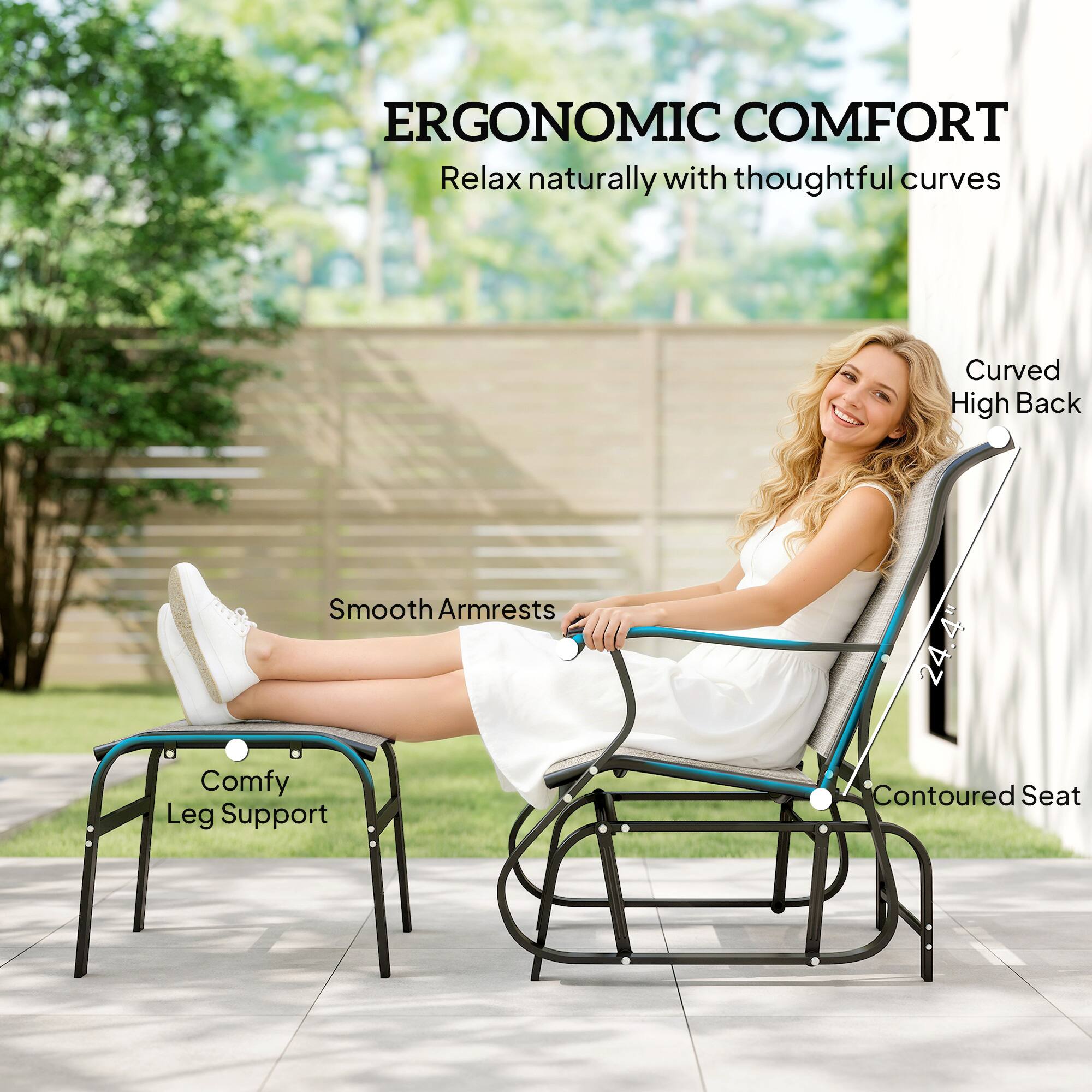 ERGONOMIC COMFORT  
Relax naturally with thoughtful curves

- Curved High Back
- Smooth Armrests
- Comfy Leg Support
- Contoured Seat

24.4"