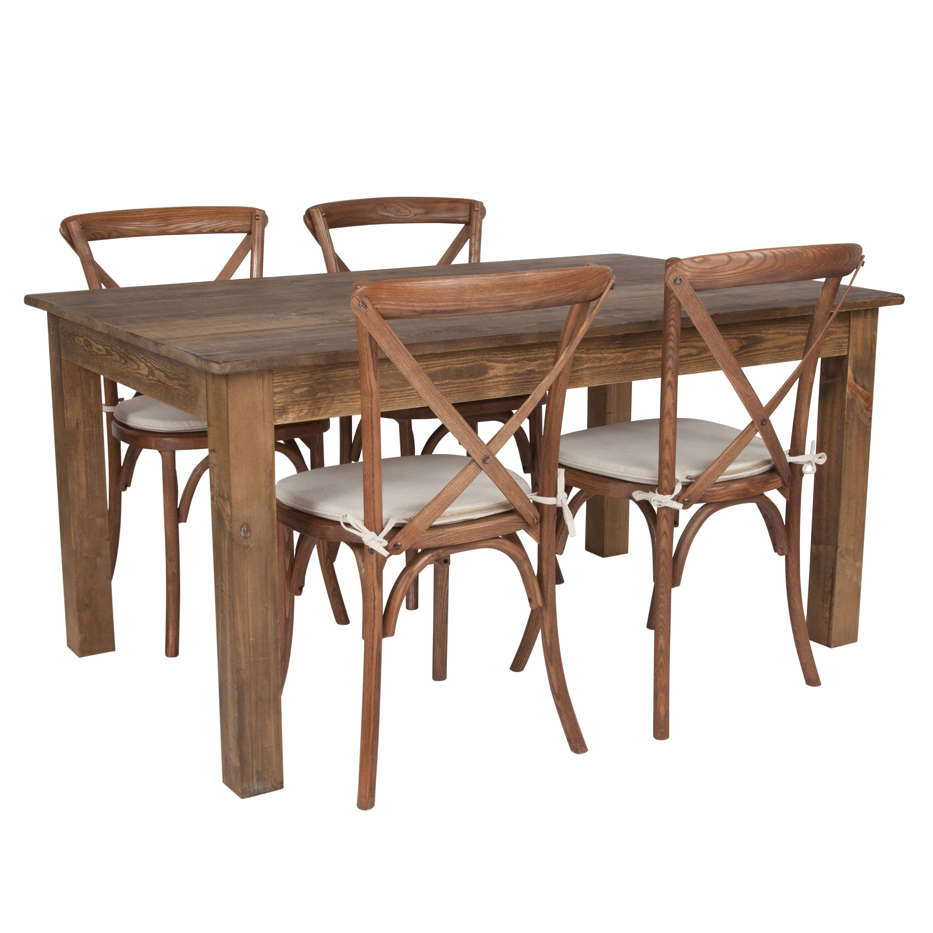 Front. Flash Furniture - HERCULES 60" x 38" Antique Rustic Farm Table Set with 4 Cross Back Chairs and Cushions - Brown.