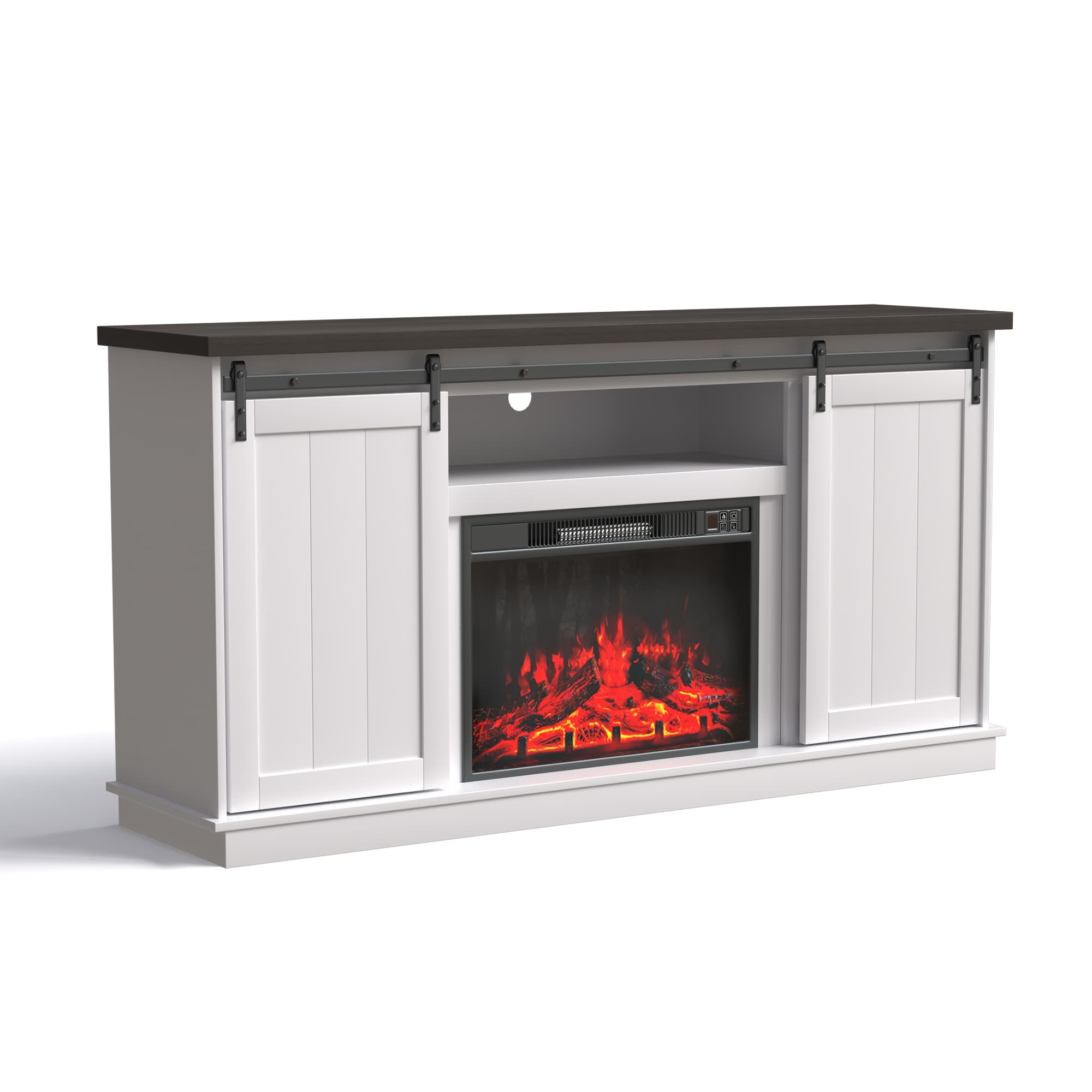 Left. U-HOMY - 63" Farmhouse Fireplace TV Stand with Sliding Barn Doors, Adjustable Shelves and Electric Heater for TVs up to 65" - White.
