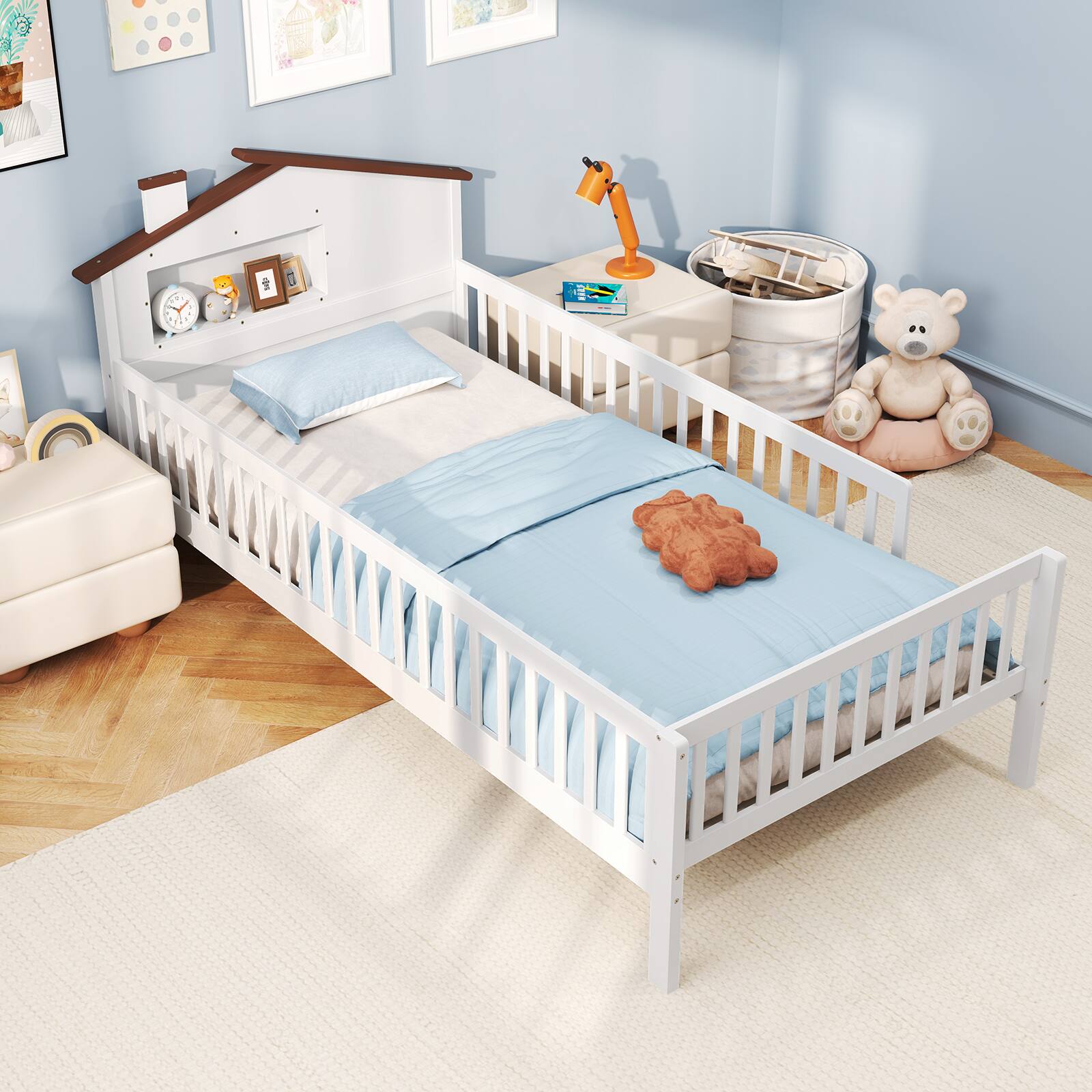 Alt View 9. Gymax - Gymax Twin Size Kids Bed Solid Wood Platform Bed w/ Under-bed Storage & Storage Cube White - White.