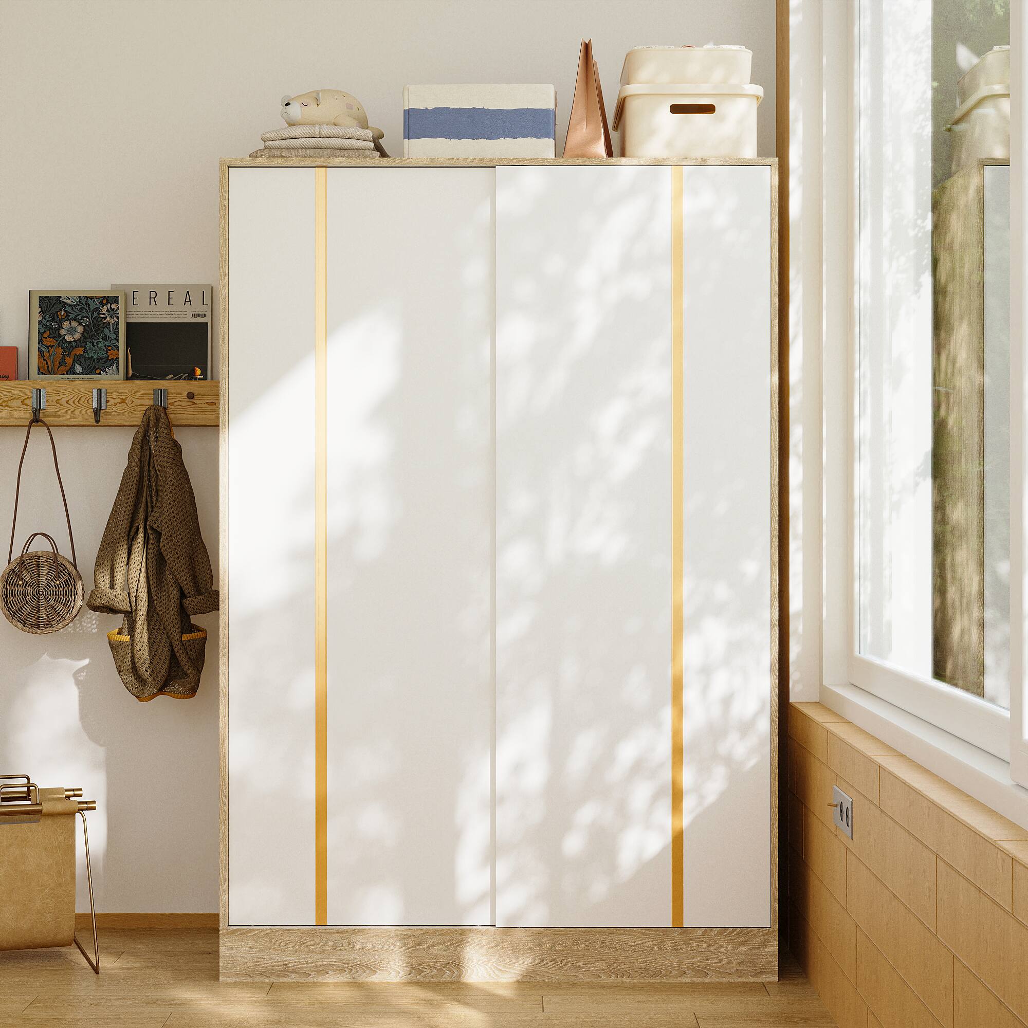 Front. Famapy - Sliding Door Wardrobe with Smart Storage Zones for Small Spaces Bedroom Closet Organizer - White & Wooden.