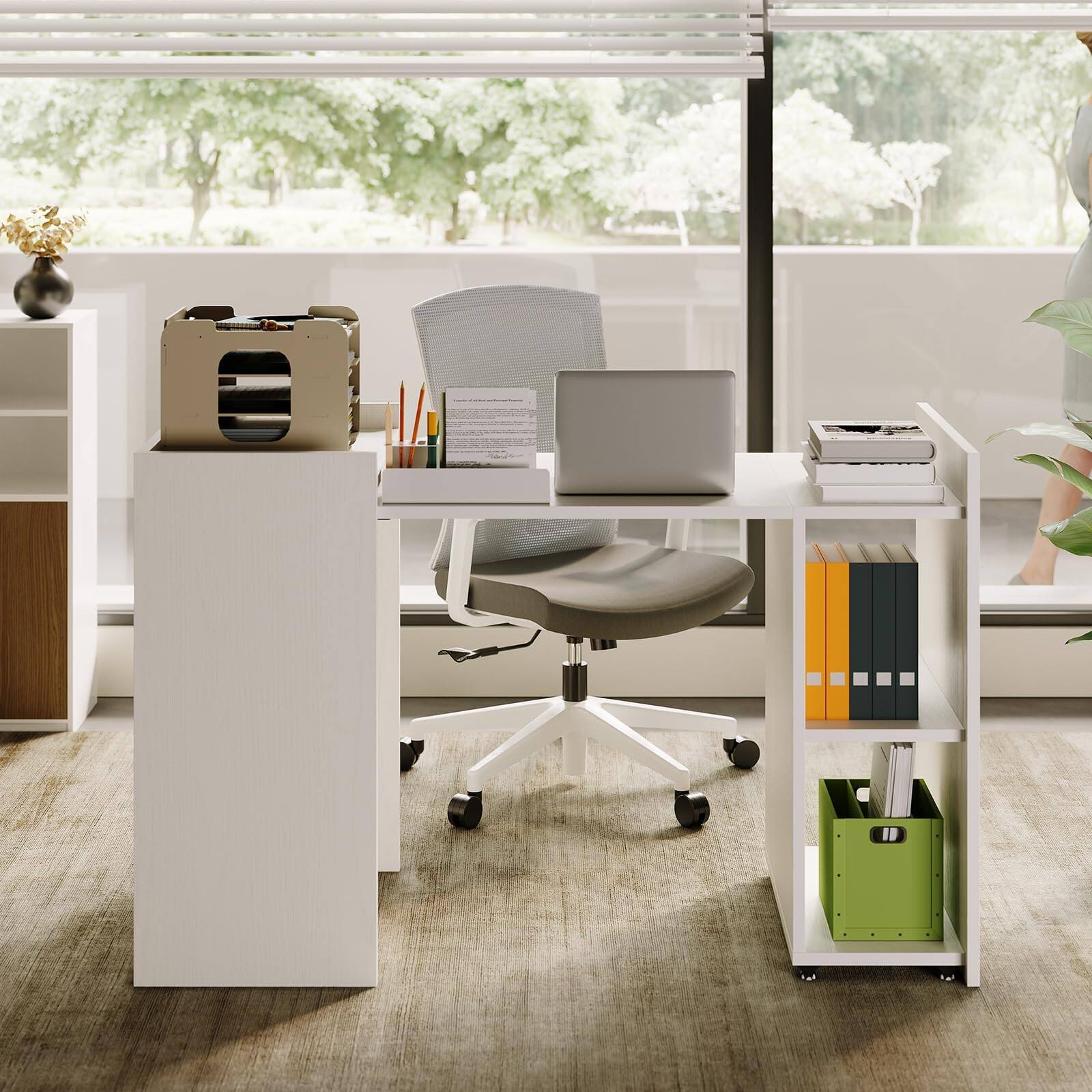 Front. Babevy - 50" Foldable Extension Desk with Storage Cabinet, Compact Office Table with 3-Tier Shelves & Wheels - White.