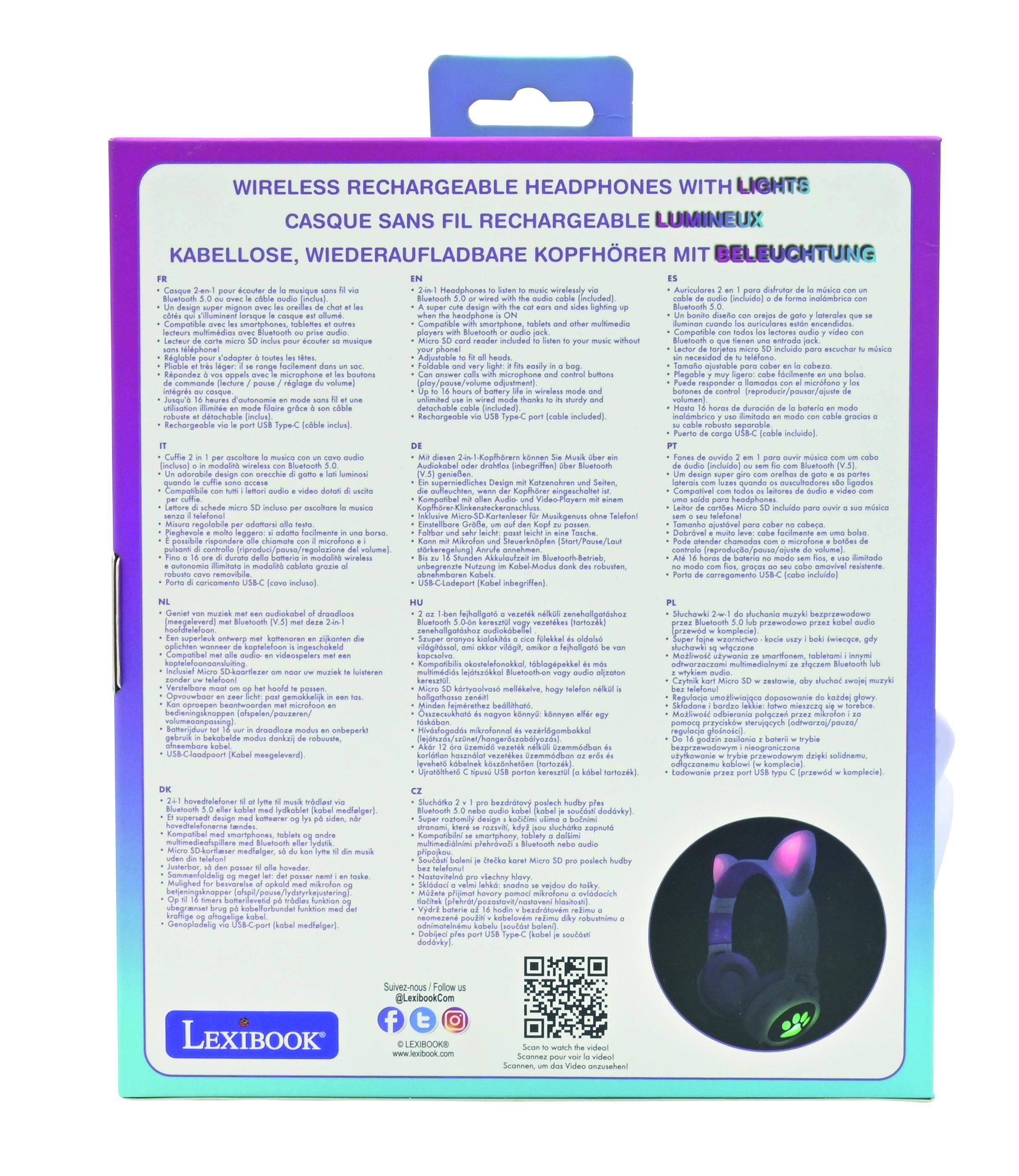 WIRELESS RECHARGEABLE HEADPHONES WITH LIGHTS  
CASQUE SANS FIL RECHARGEABLE LUMINEUX  
KABELLOSE, WIEDERAUFLADBARE KOPFHRER MIT BELEUCHTUNG  

FR  
1. Bluetooth 5.0 avec le câble audio inclus (câble inclus).  
2. Réglable pour adapter à toutes les tailles.  
3. Répondre à vos appels via le microphone intégré.  
4. Réglable pour adapter à toutes les tailles.  
5. Réglable pour adapter à toutes les tailles.  
6. Réglable pour adapter à toutes les tailles.  
7. Réglable pour adapter à toutes les tailles.  
8. Réglable pour adapter à toutes les tailles.  
9. Réglable pour adapter à toutes les tailles.  
10. Réglable pour adapter à toutes les tailles.  
11. Réglable pour adapter à toutes les tailles.  
12. Réglable pour adapter à toutes les tailles.  
13. Réglable pour adapter à toutes les tailles.  
14. Réglable pour adapter à